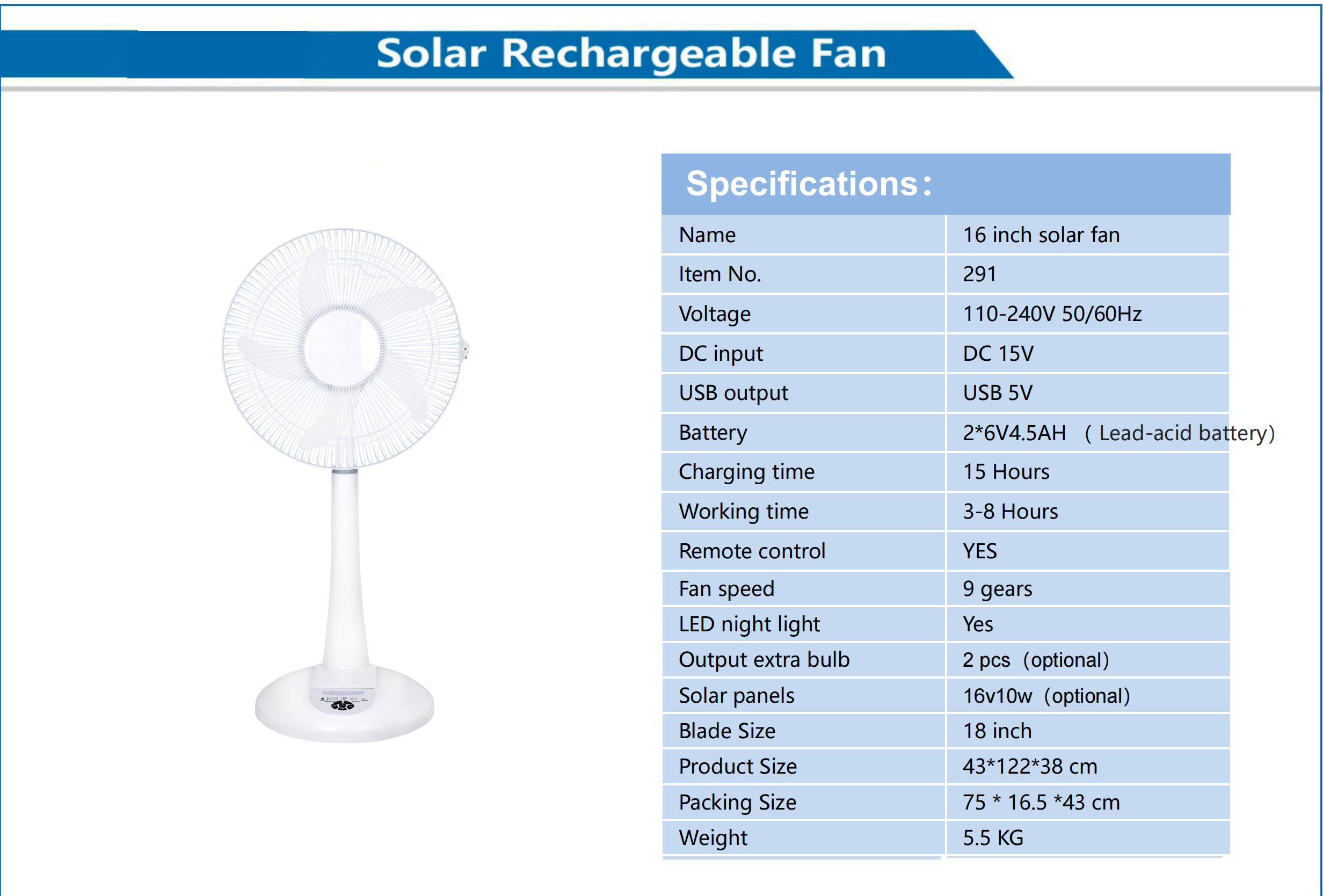 16 Inch Solar Rechargeable Fan