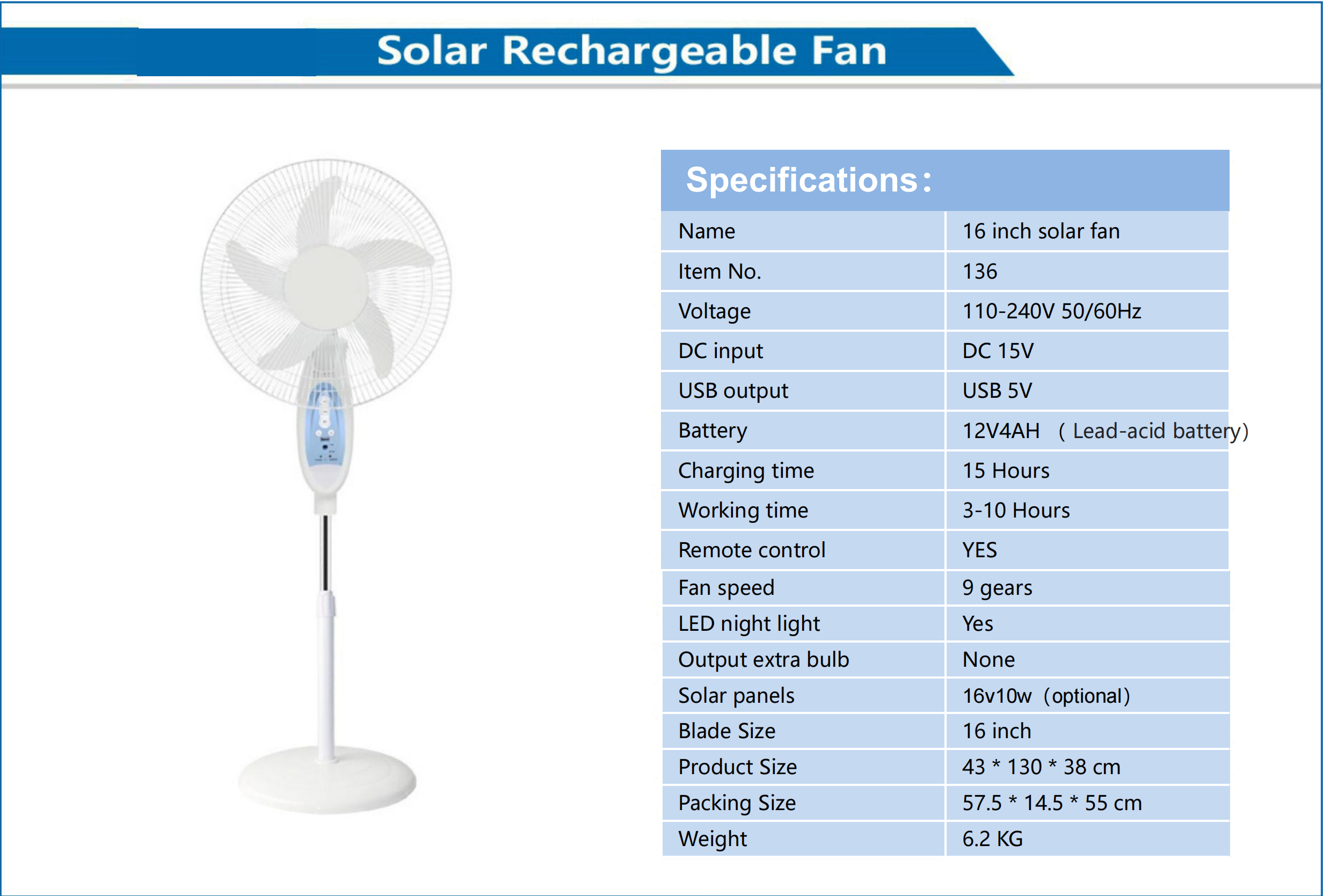 16 Inch Solar Rechargeable Fan