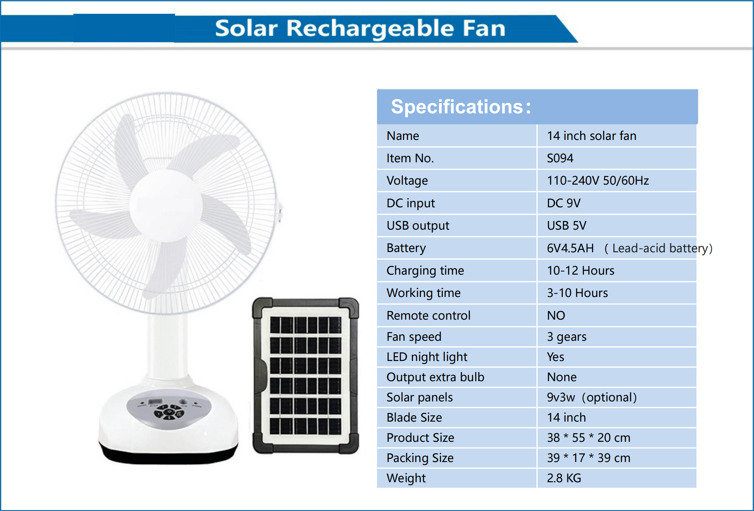 14 Inch Solar Rechargeable Fan