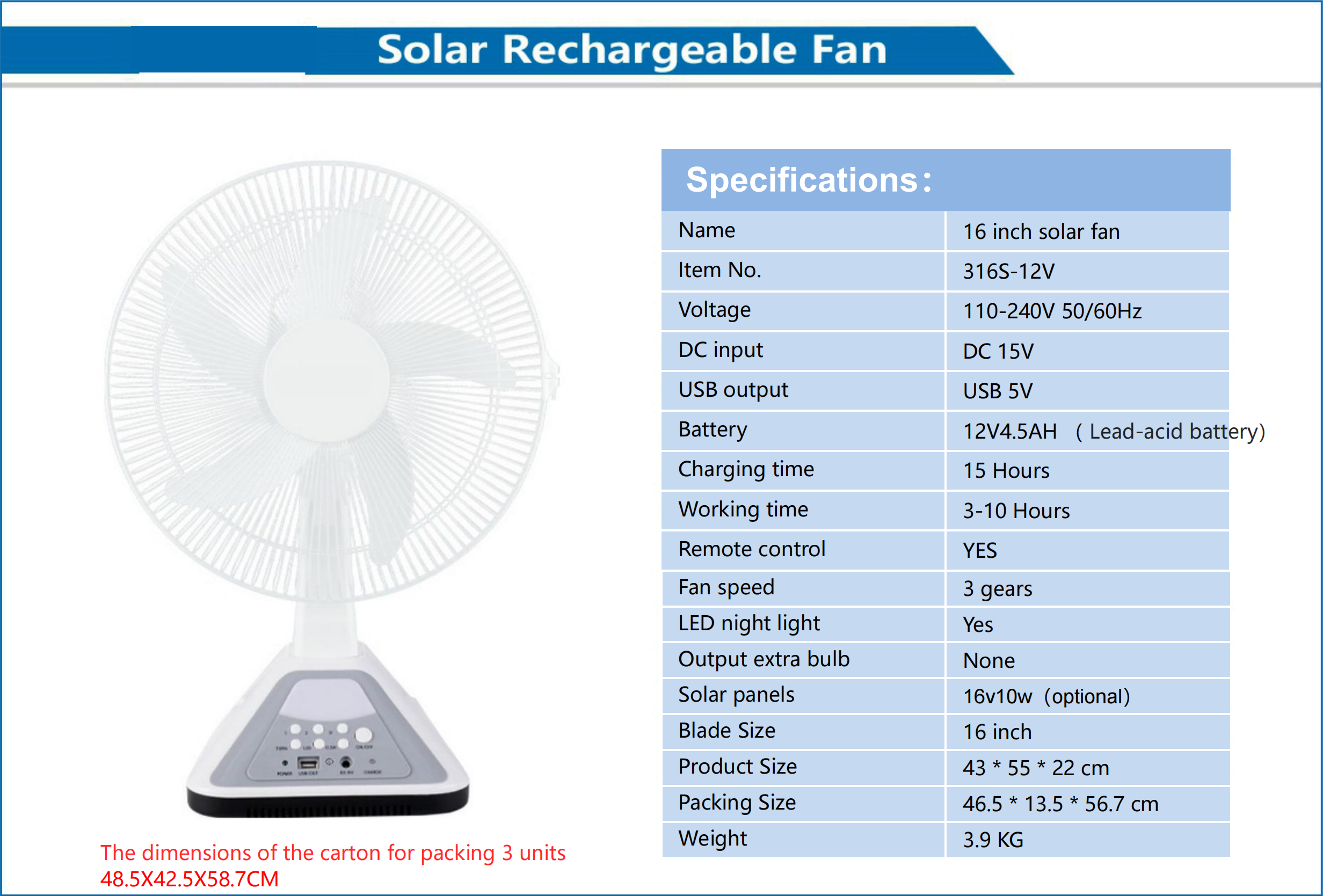 16 Inch Solar Rechargeable Fan