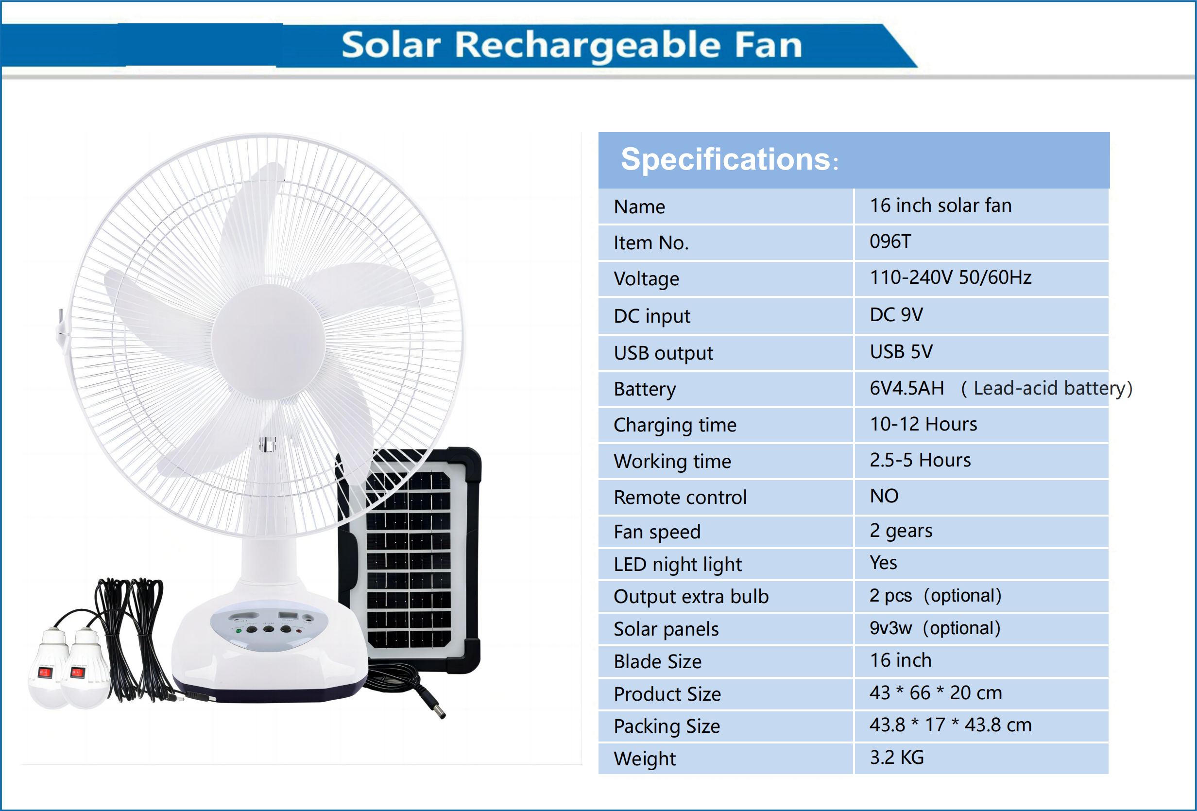 16 Inch Solar Rechargeable Fan