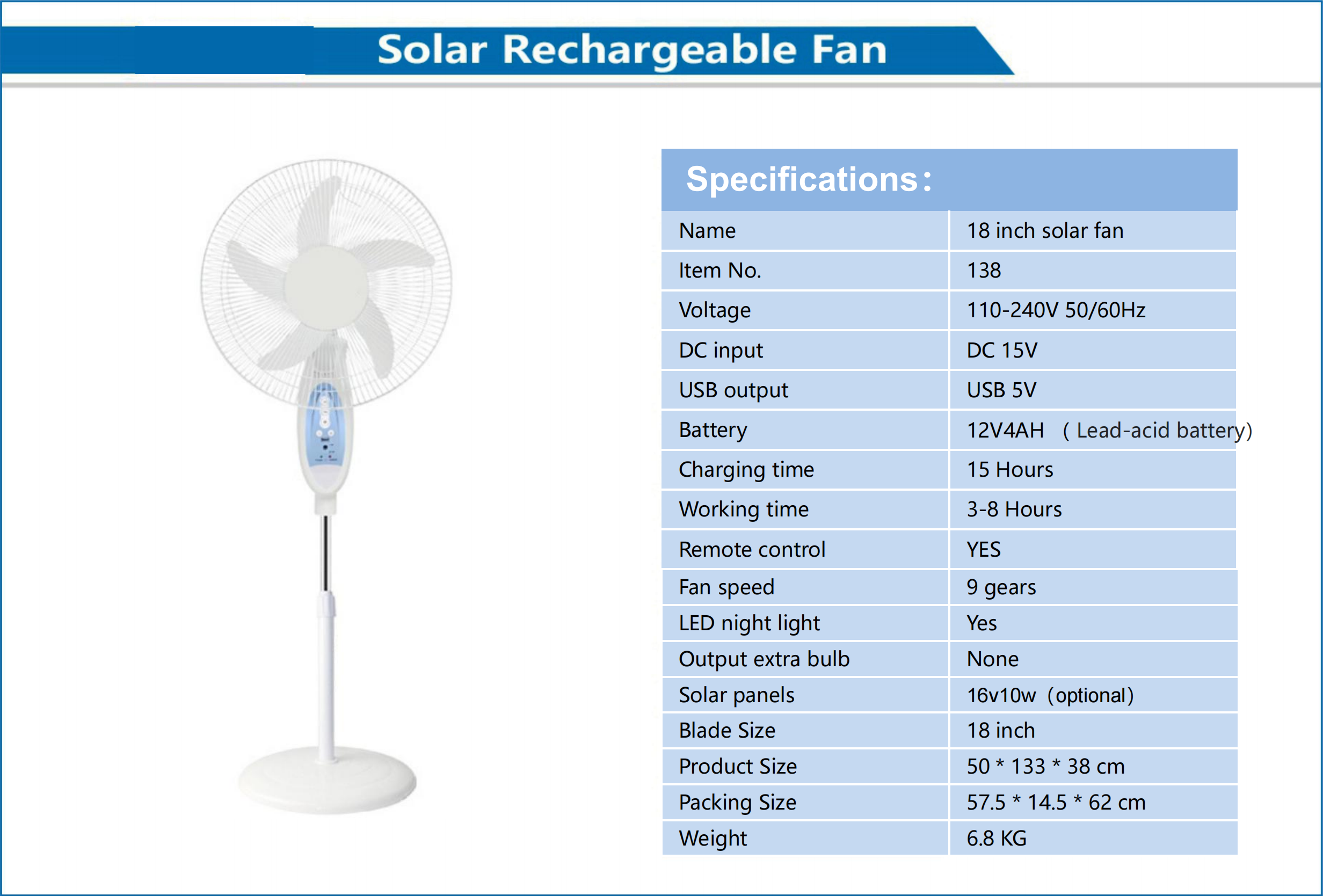 18 Inch Solar Rechargeable Fan