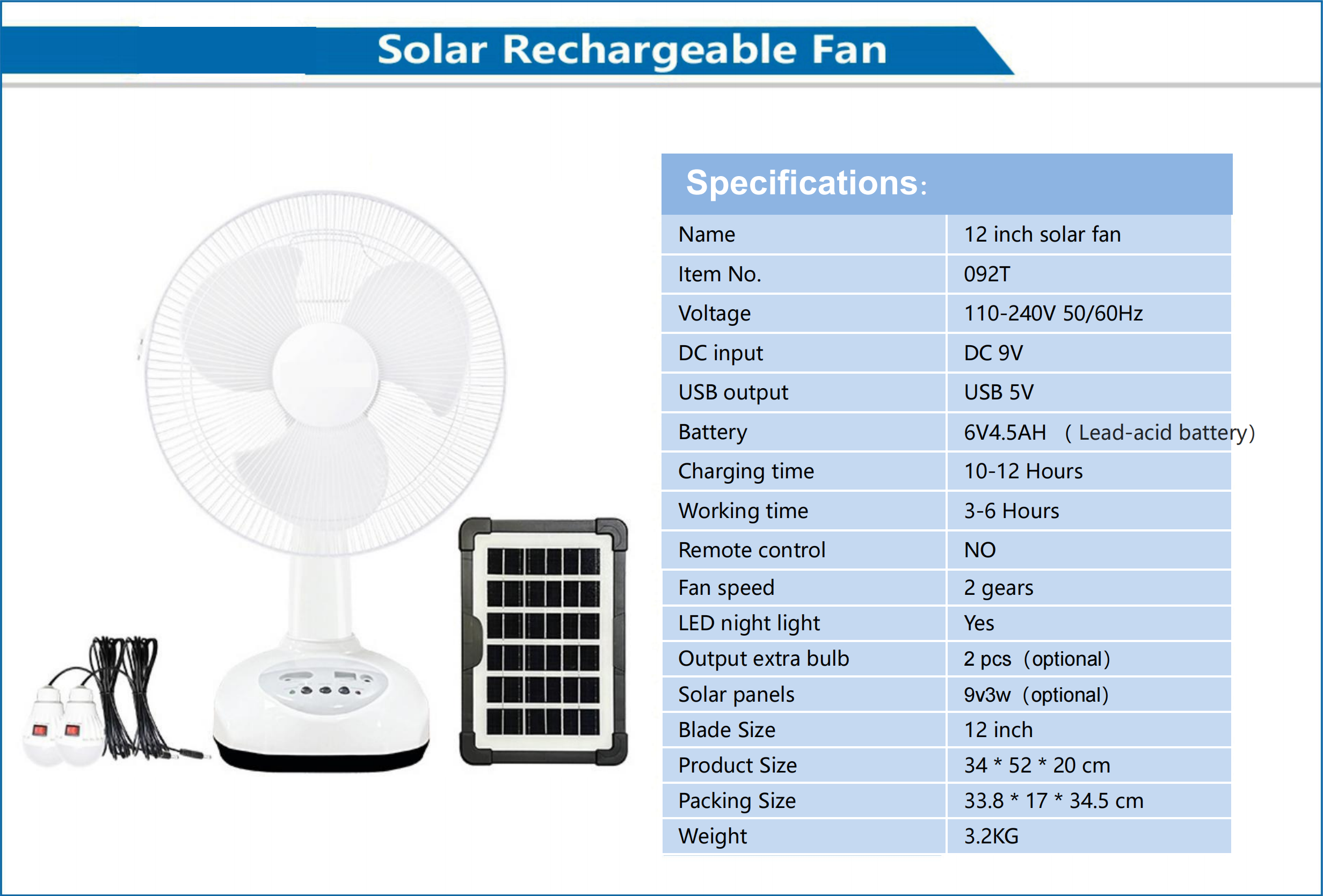 12 Inch Solar Rechargeable Fan