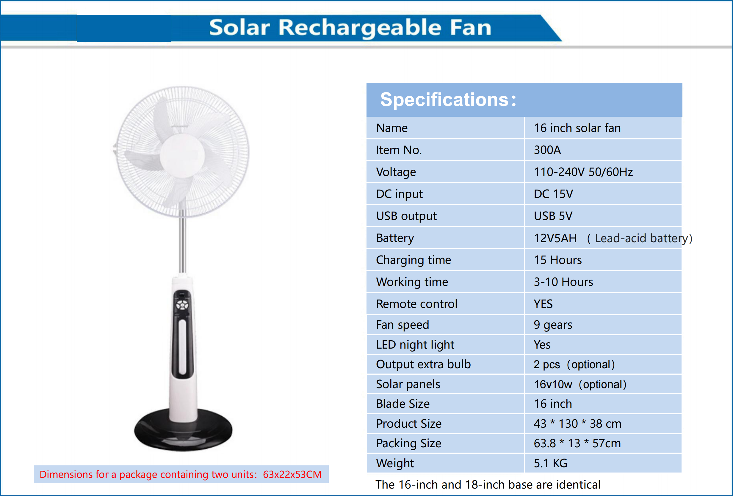 16 Inch Solar Rechargeable Fan