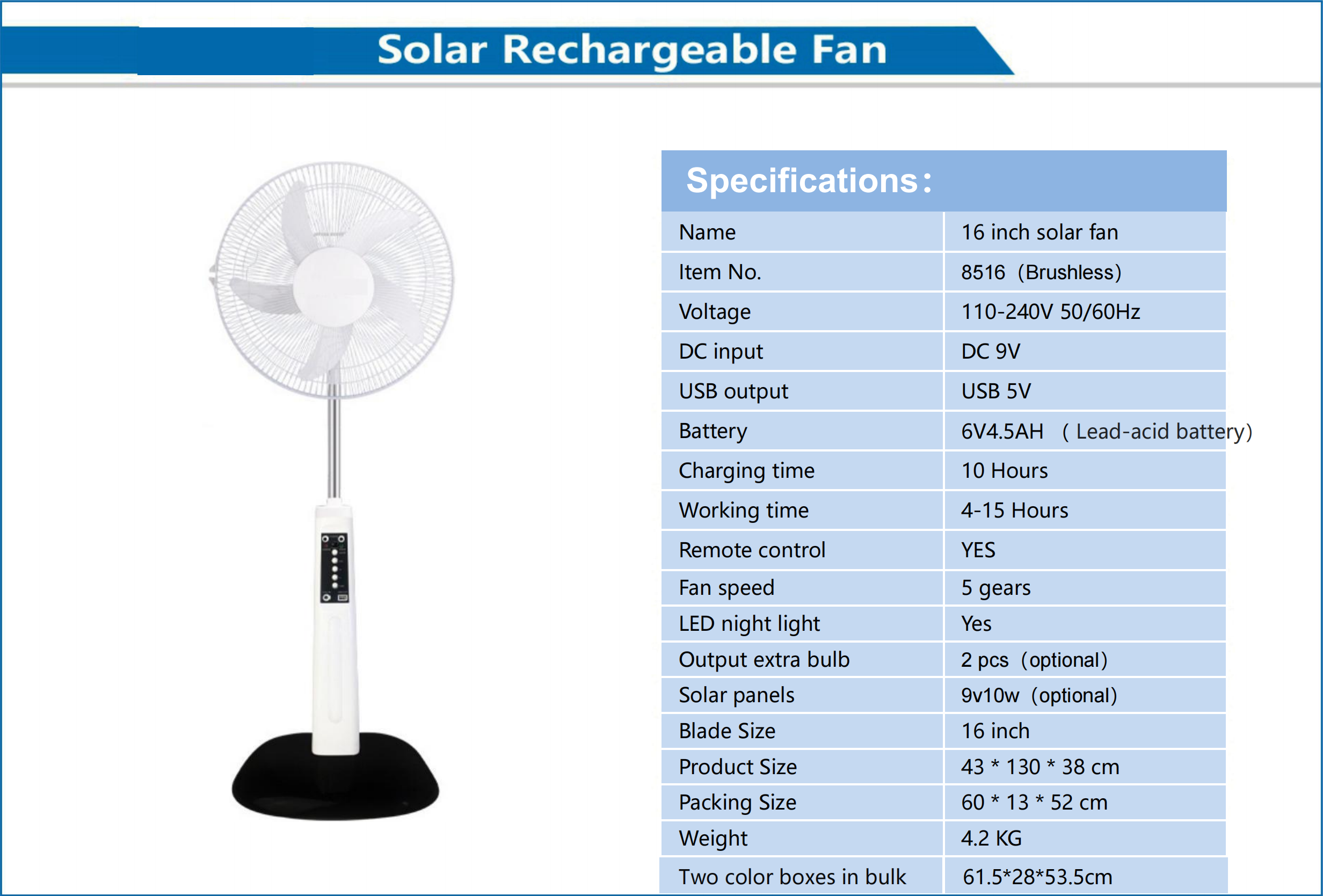 16 Inch Solar Rechargeable Fan