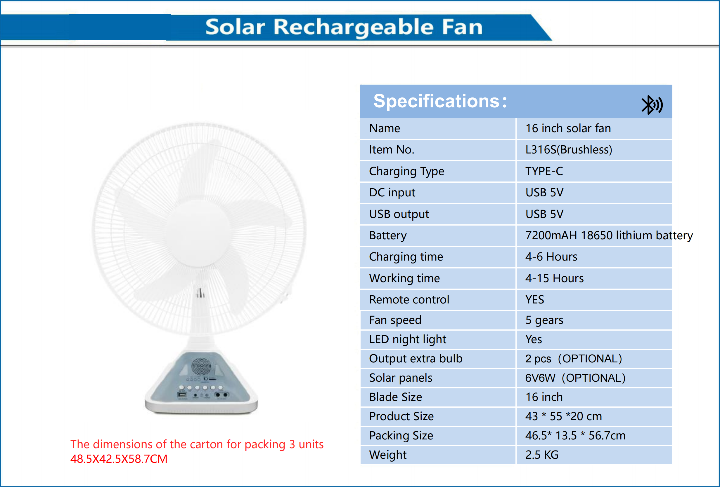 16 Inch Solar Rechargeable Fan