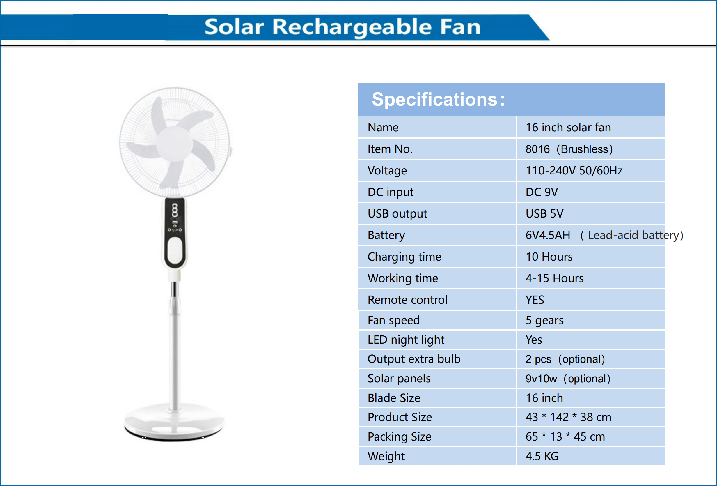 16 Inch Solar Rechargeable Fan