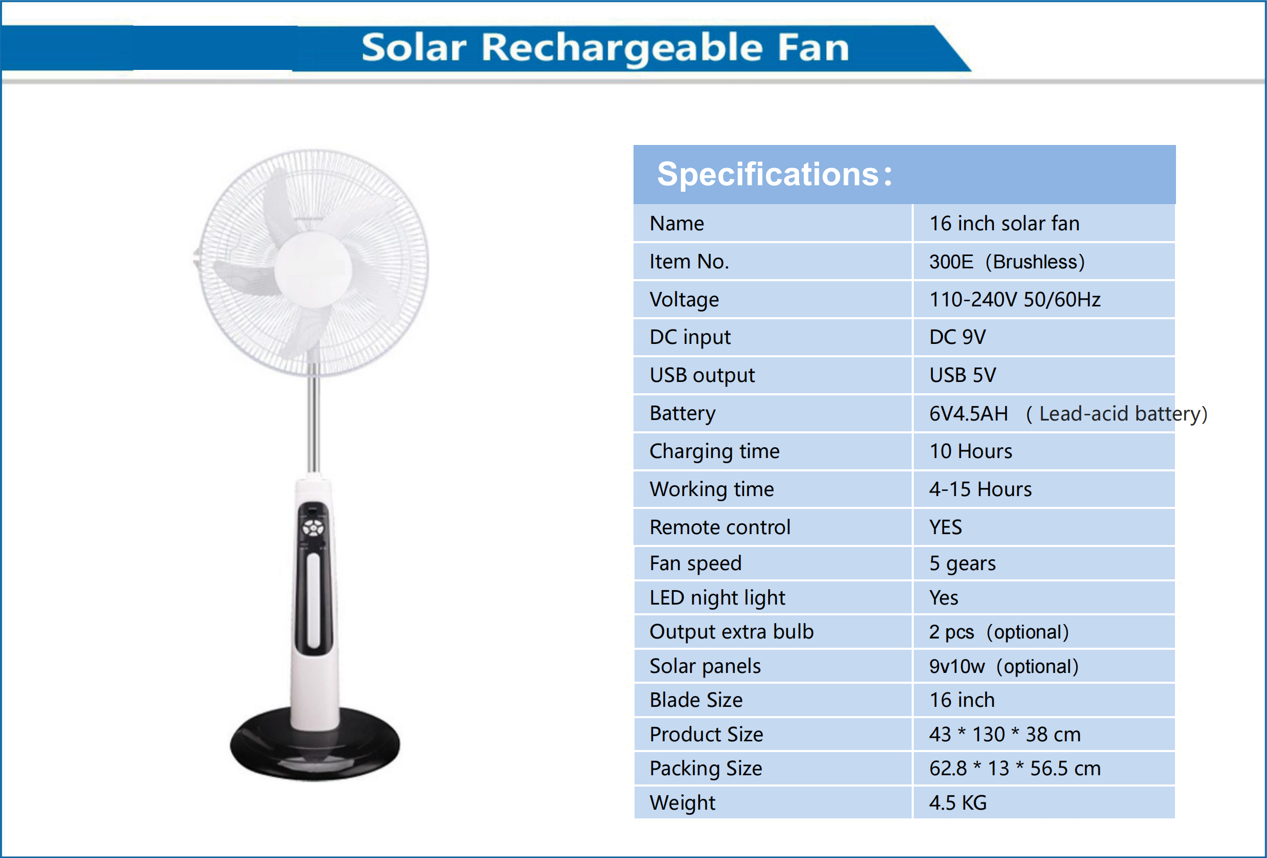 16 Inch Solar Rechargeable Fan