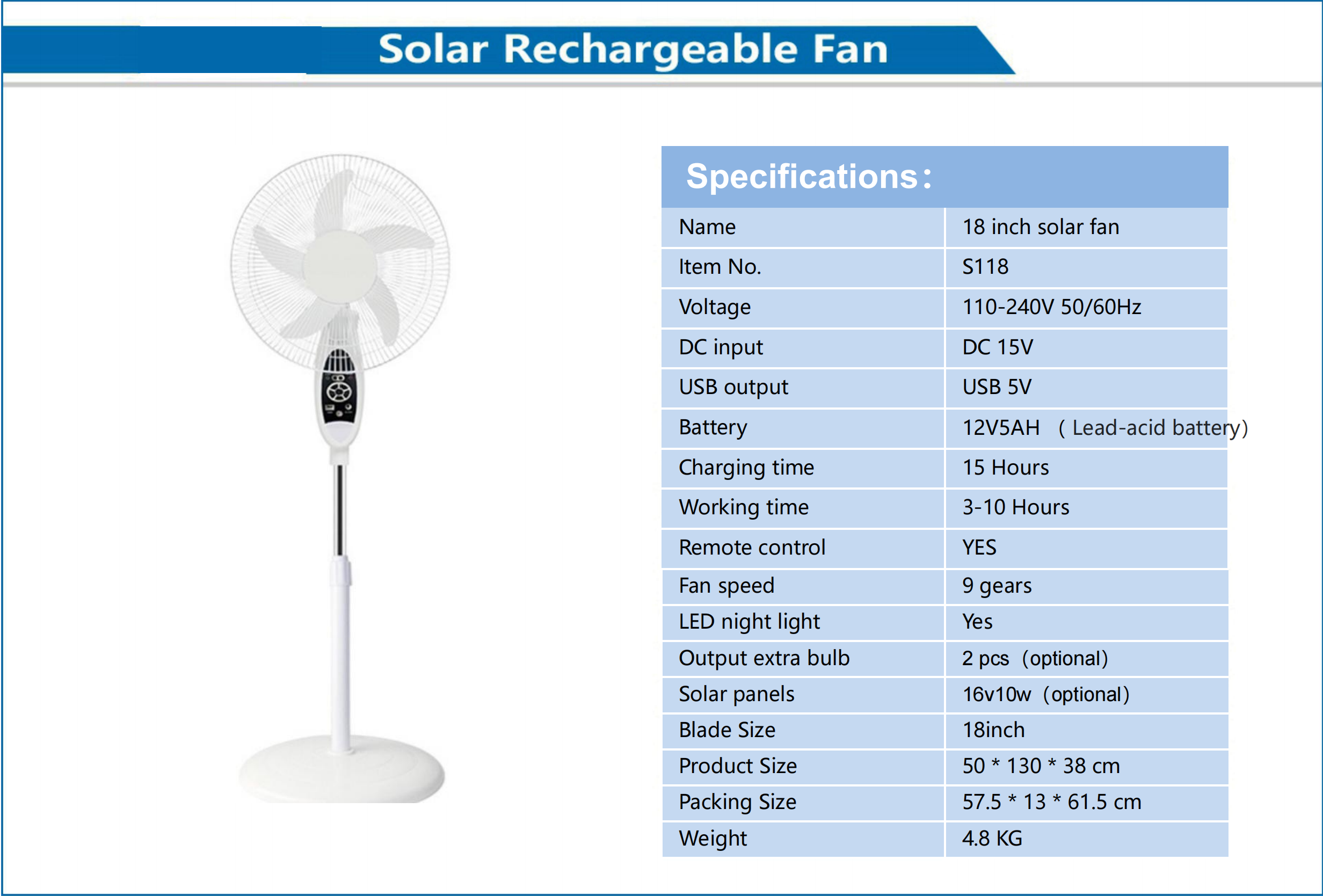 18 Inch Solar Rechargeable Fan
