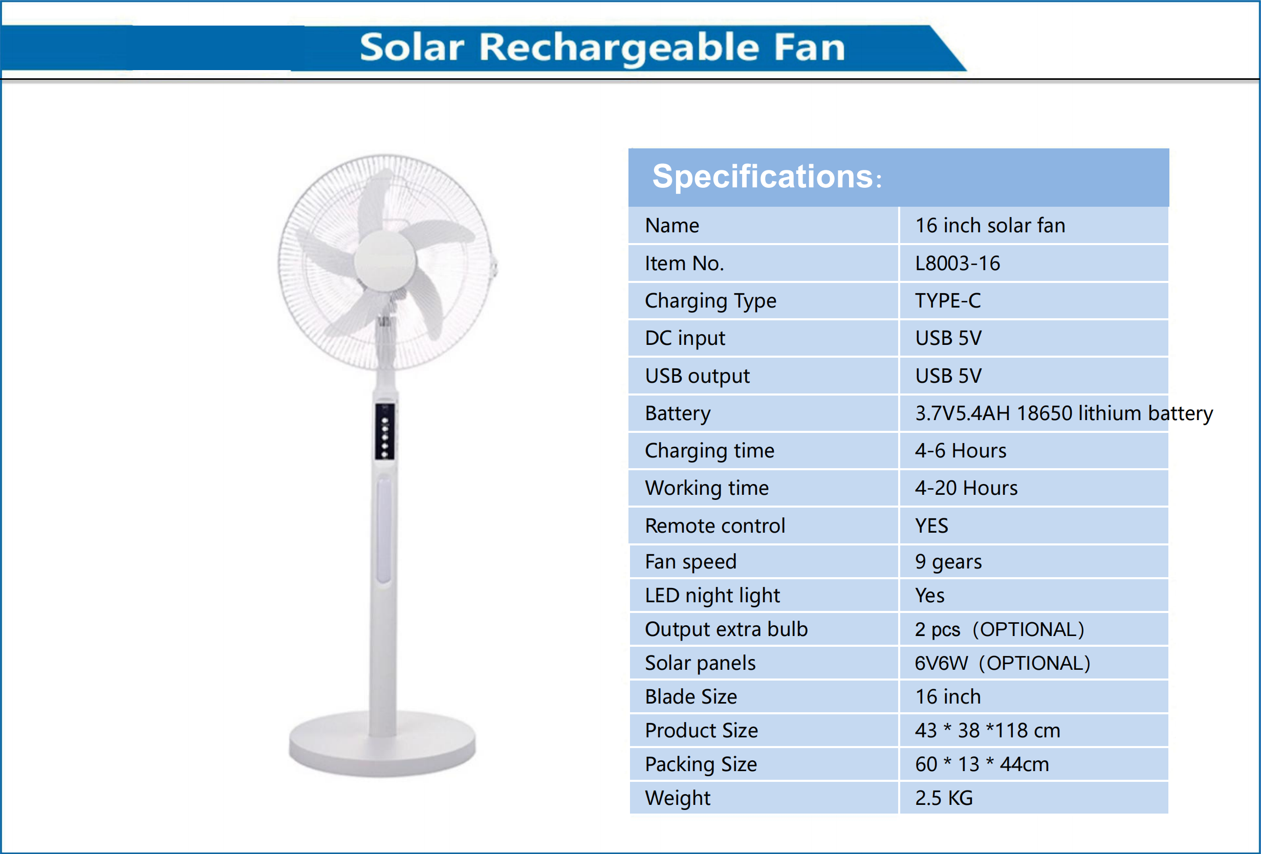 16-inch solar rechargeable fan