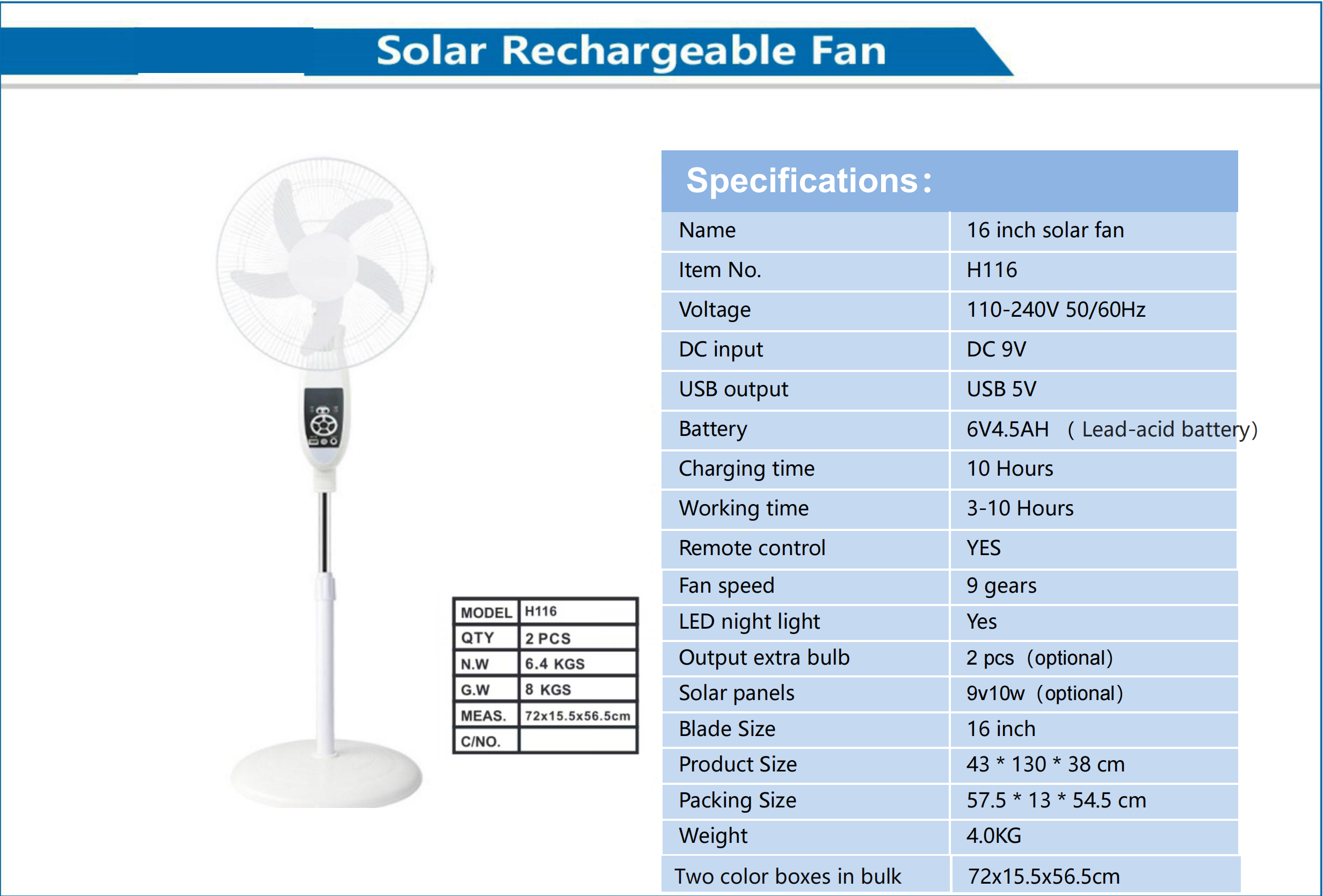 16 Inch Solar Rechargeable Fan