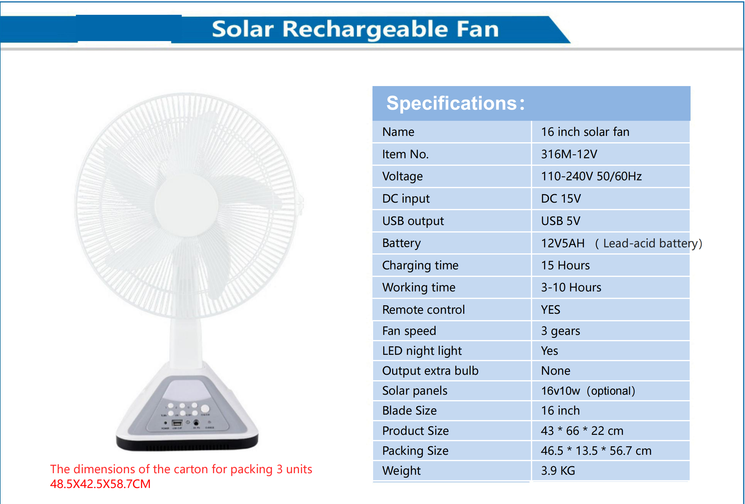 16 Inch Solar Rechargeable Fan