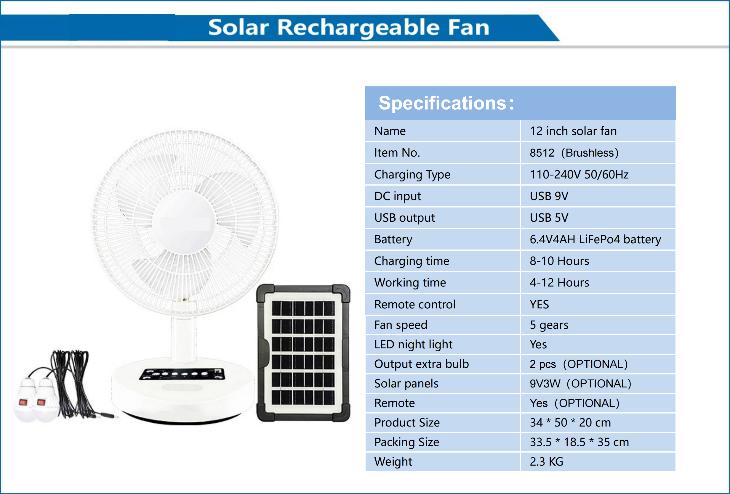 12 Inch Solar Rechargeable Fan