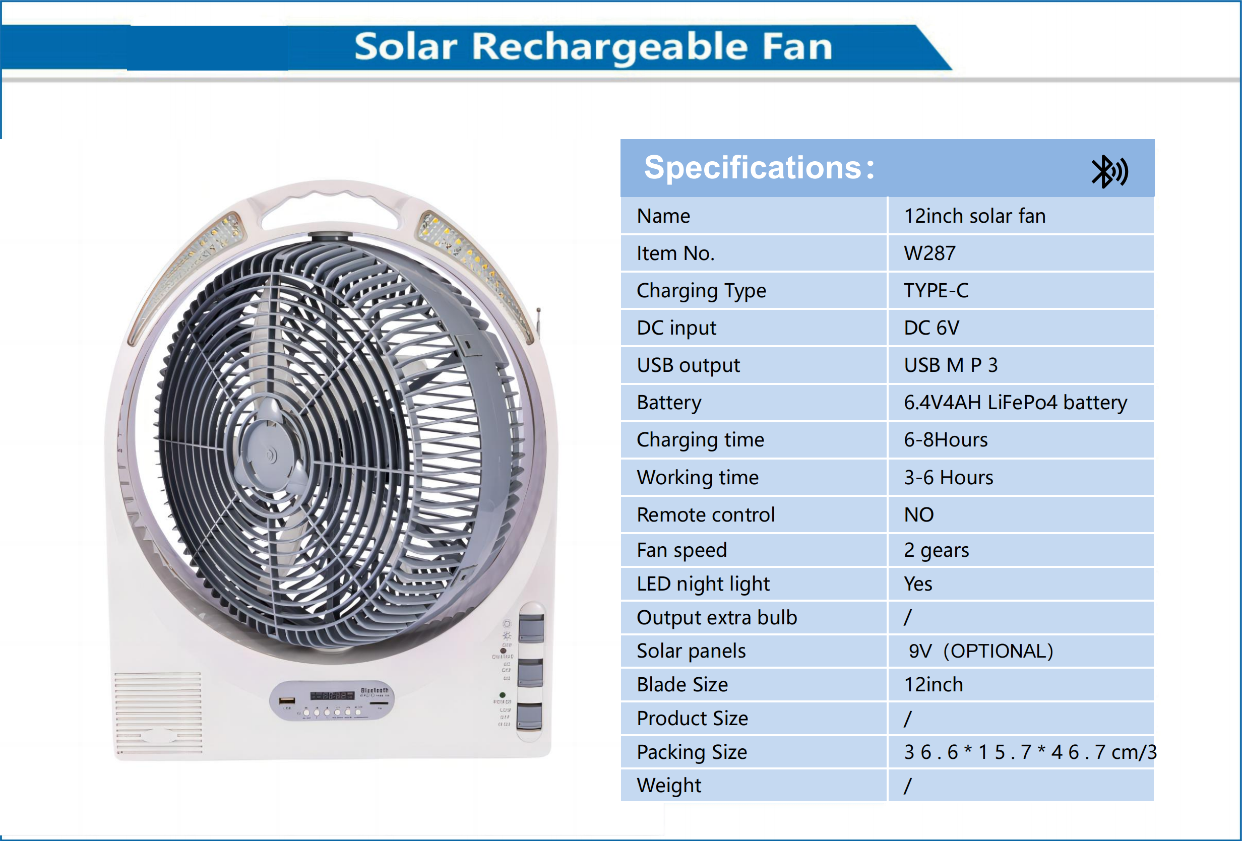 12-Inch Solar Rechargeable Fan