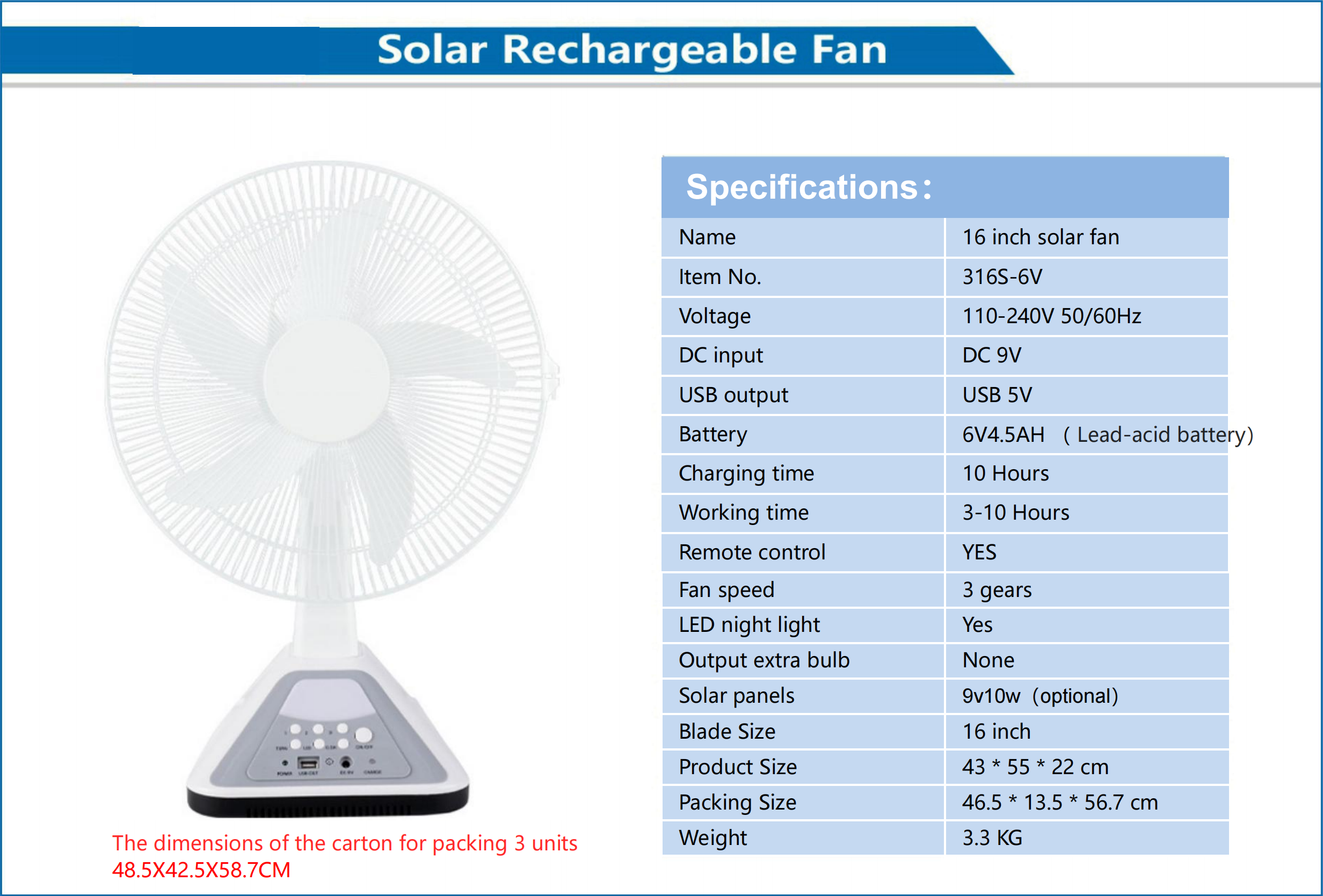 16 Inch Solar Rechargeable Fan