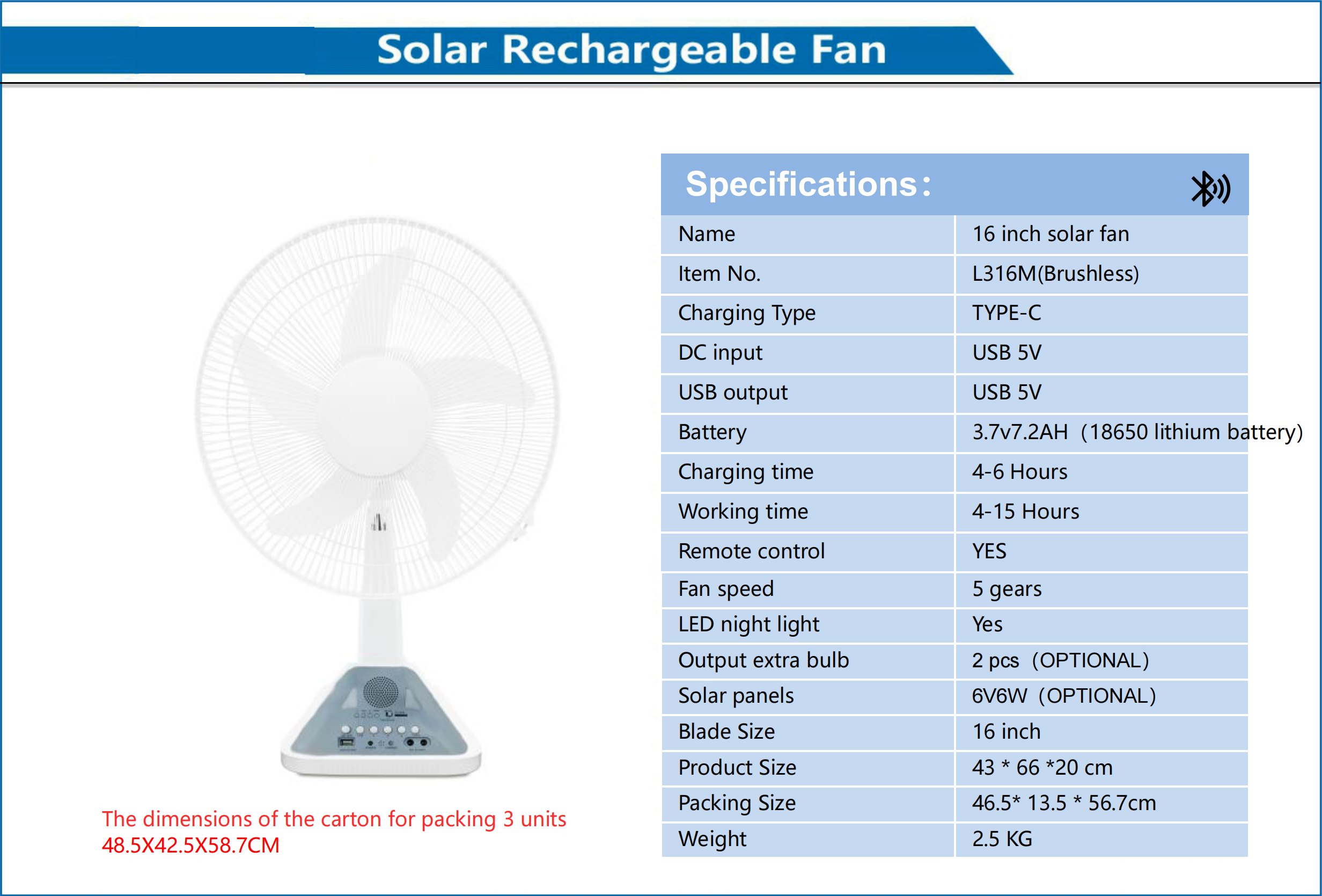 16 Inch Solar Rechargeable Fan