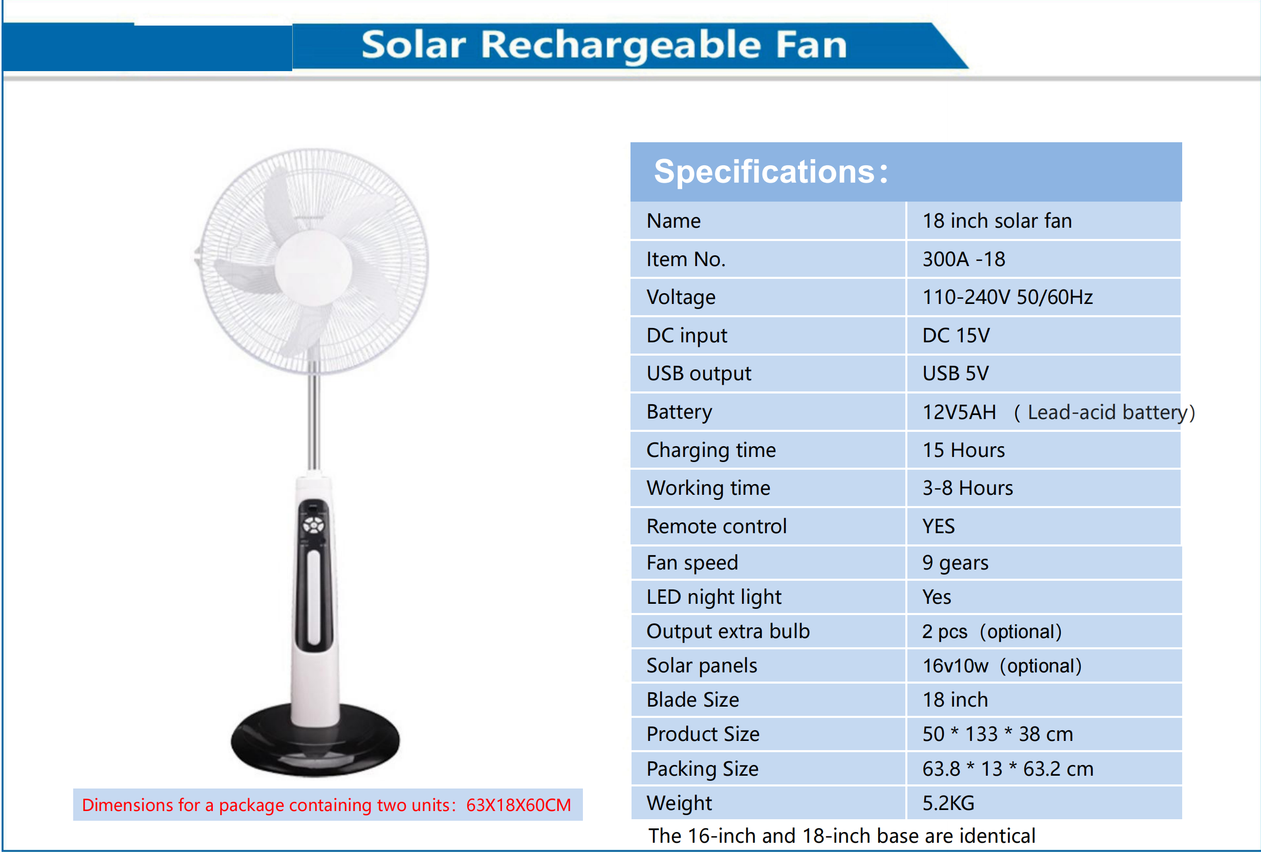 18 Inch Solar Rechargeable Fan