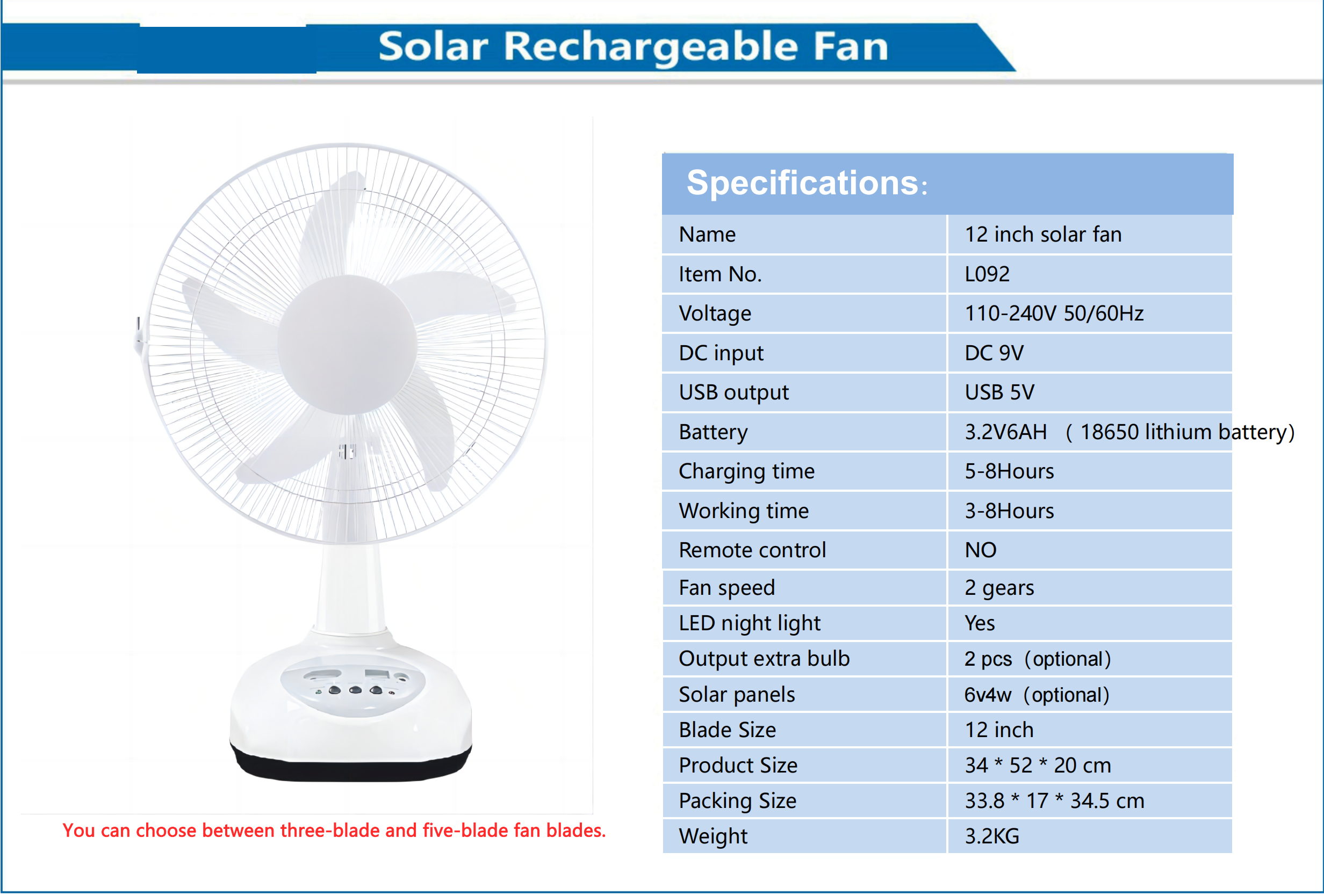 12 Inch Solar Rechargeable Fan
