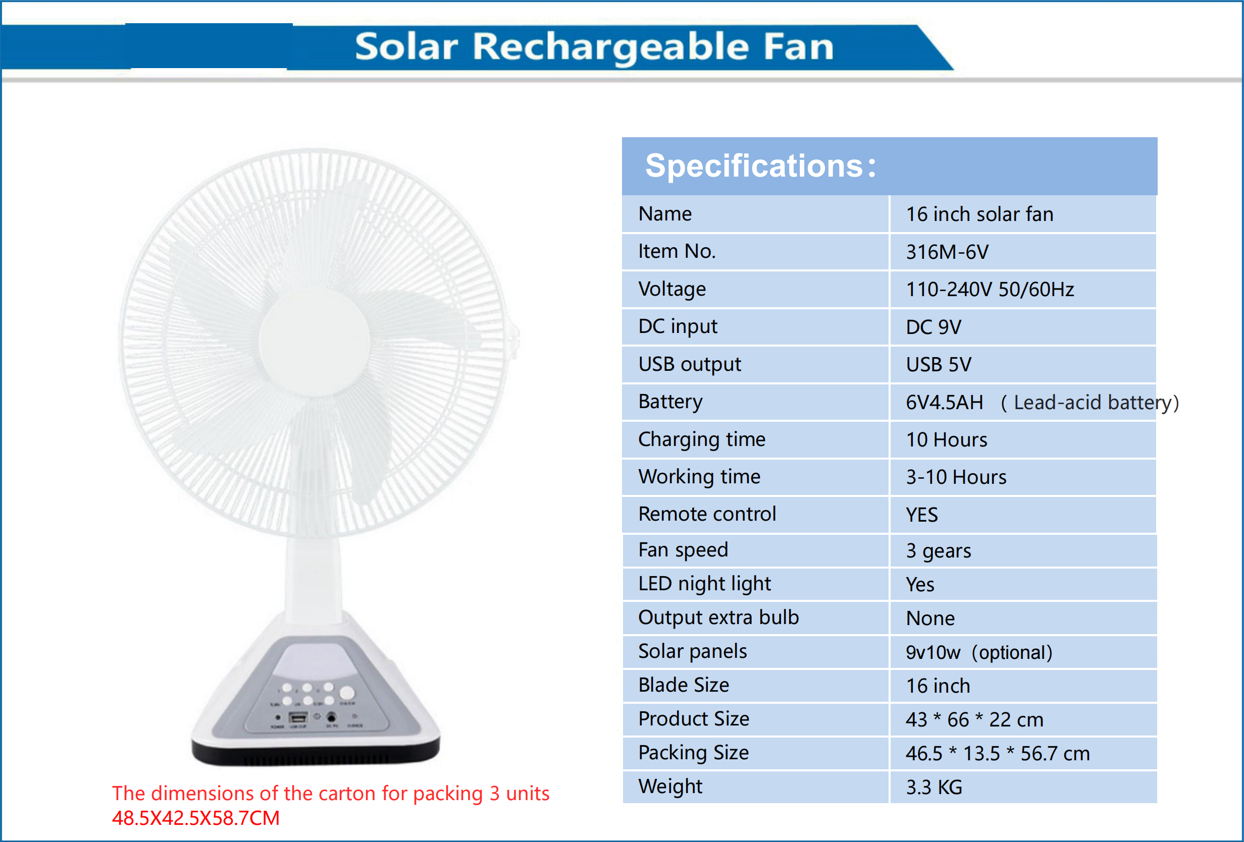 16 Inch Solar Rechargeable Fan