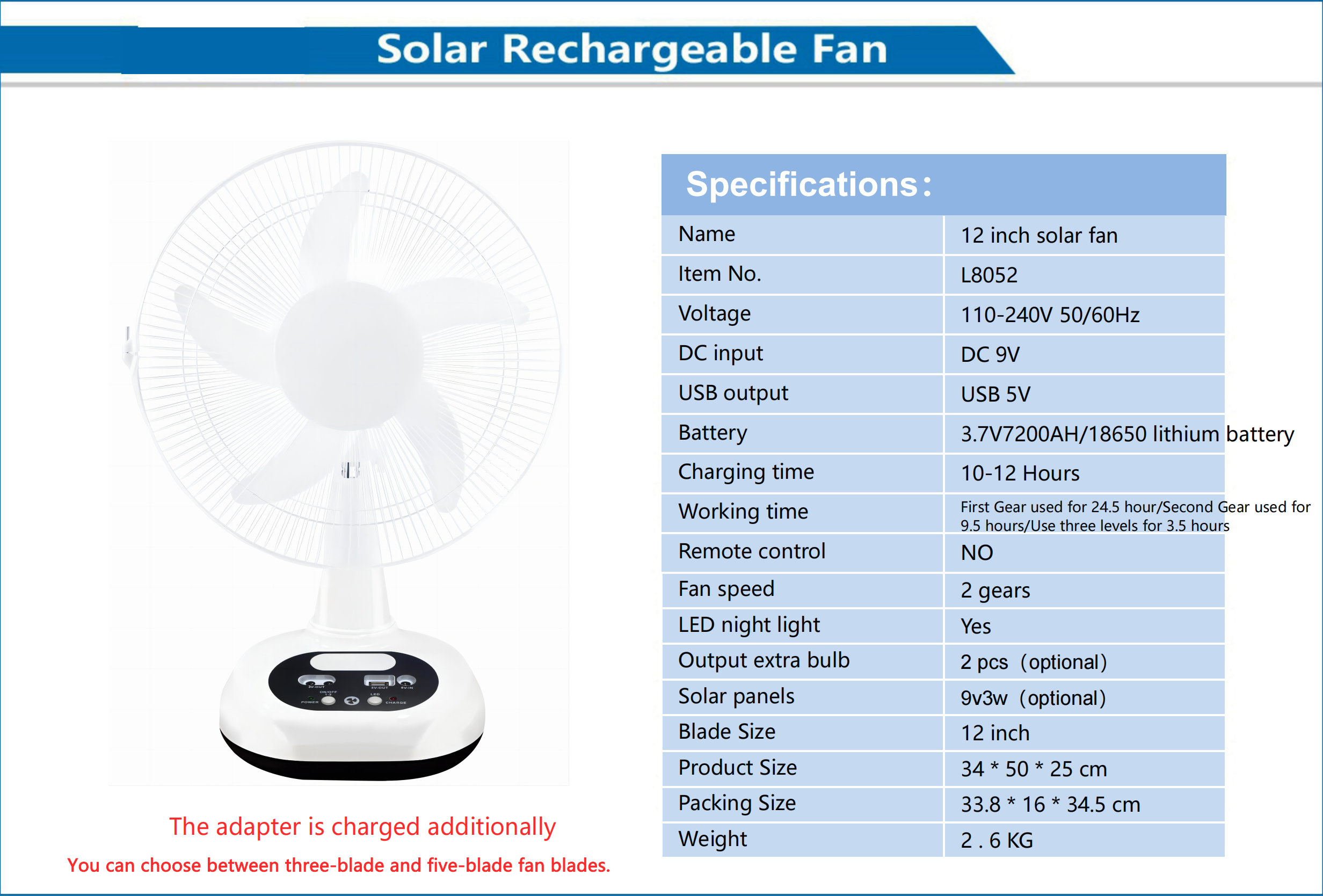 12 Inch Solar Rechargeable Fan