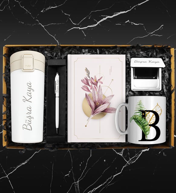 Kişiye Özel Beyaz Çelik Termos & Özel Tasarım Defter & Touch Pen Kalem & Kişiye Özel Cep Aynası & Kişiye Özel Kupa