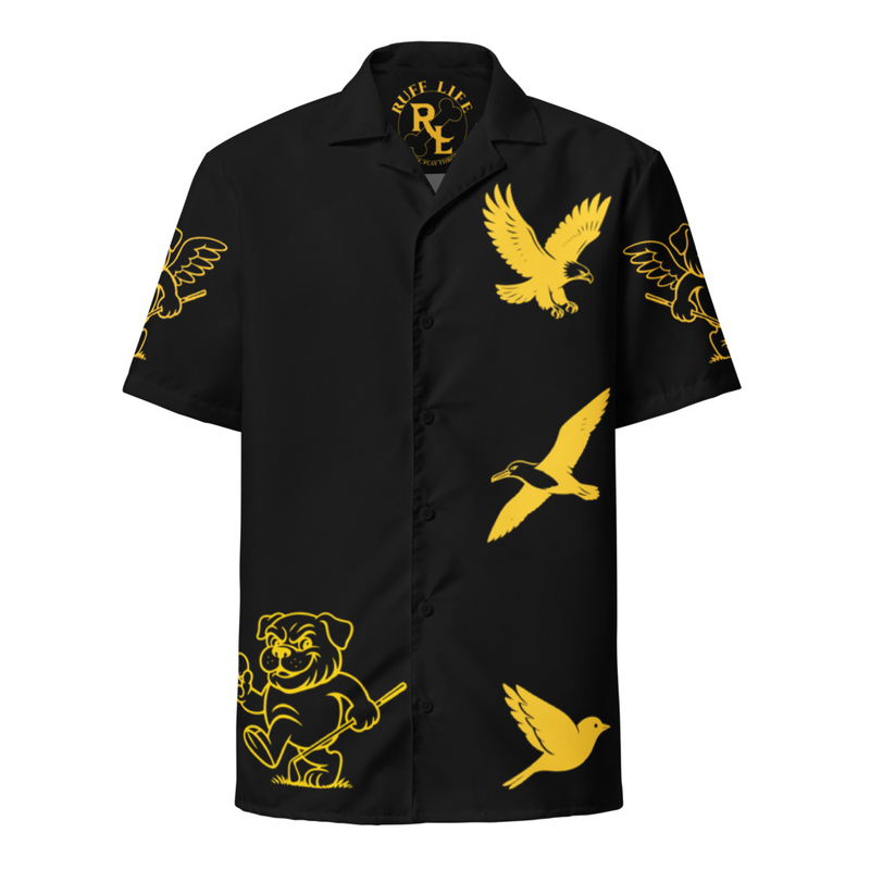 Ruff Life's "Chasing Birdies" Golf Shirt (Gold on Black)