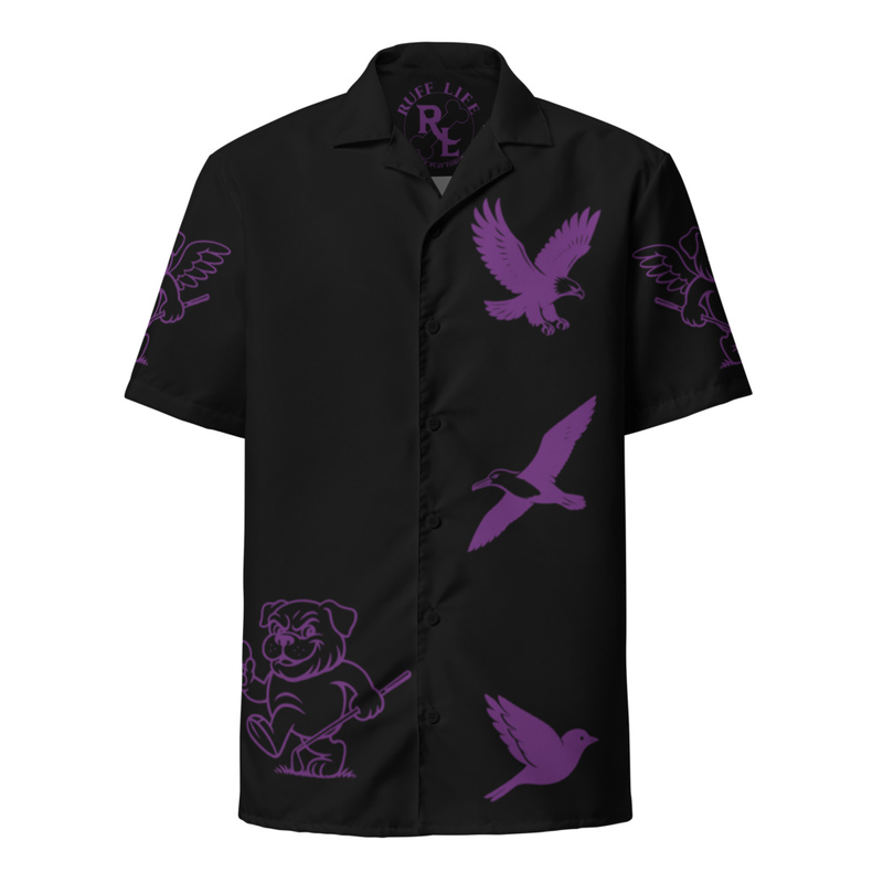 Ruff Life's "Chasing Birdies" Golf Shirt (Purple on Black)