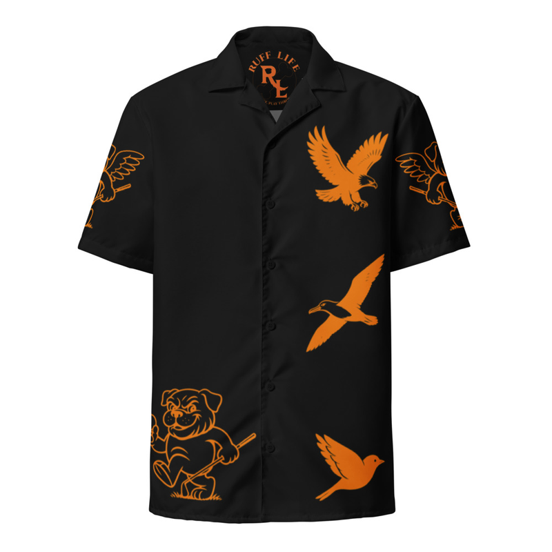Ruff Life's "Chasing Birdies" Golf Shirt (Orange on Black)