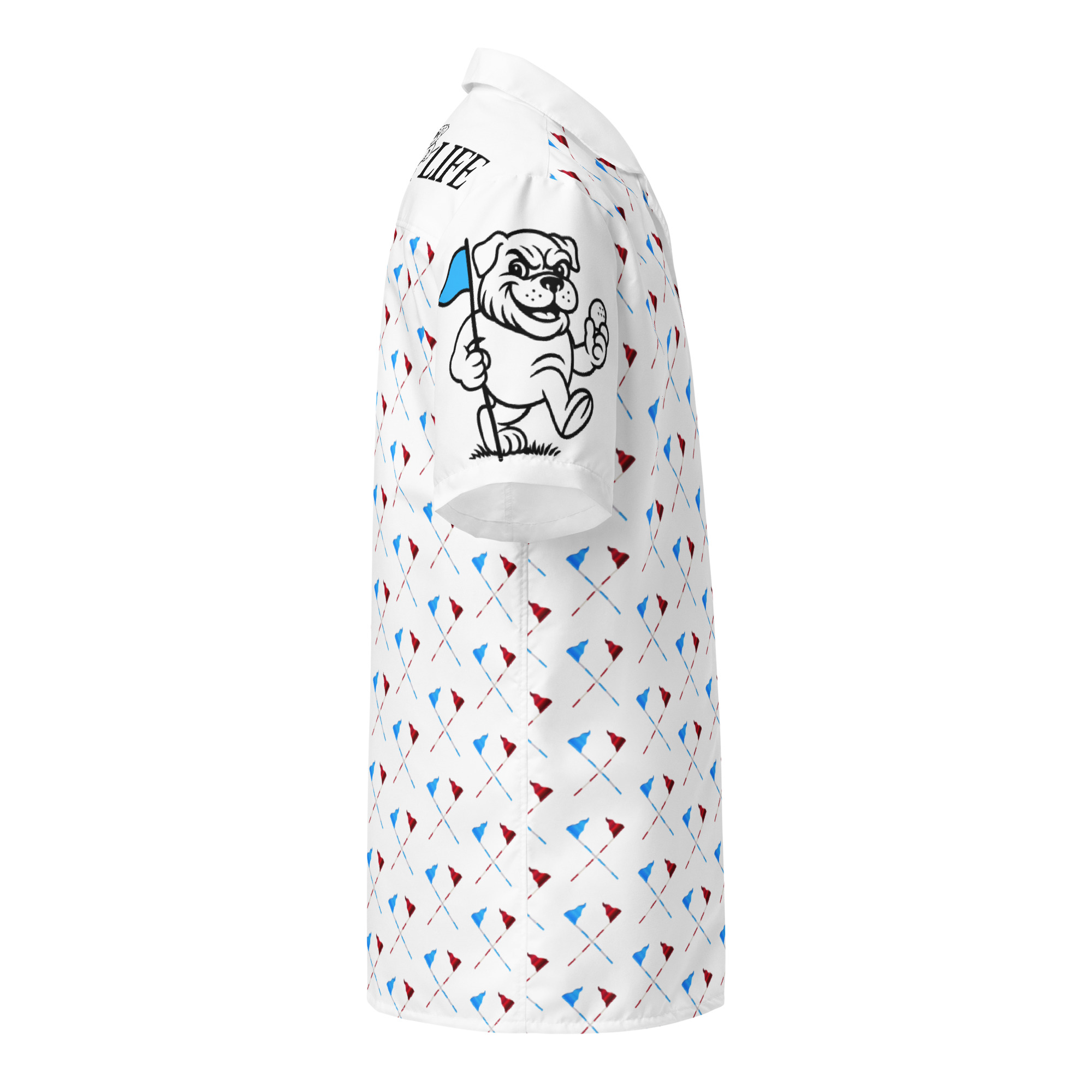 Ruff Life's "Pull the Pin" Golf Shirt (Light Blue and Red)