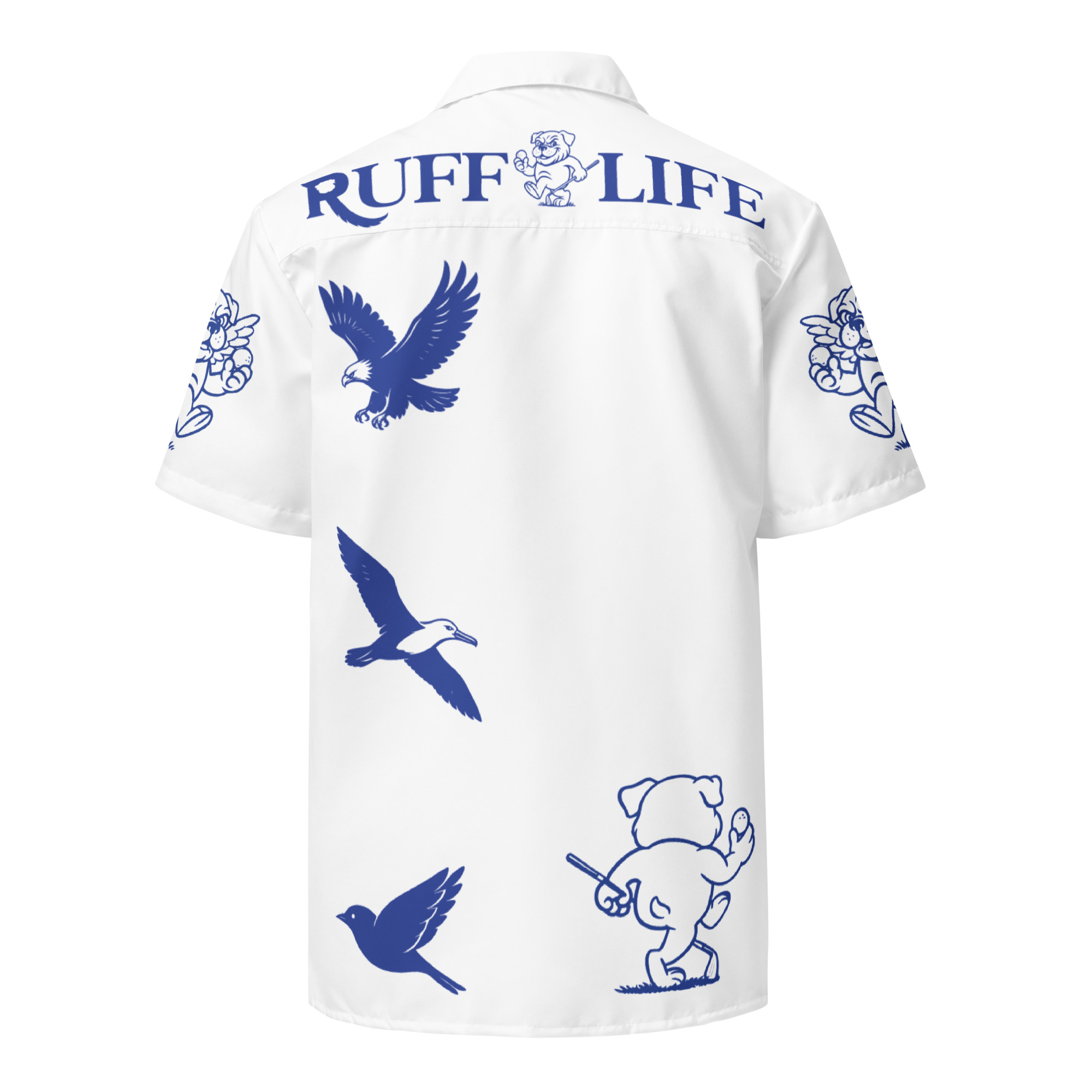 Ruff Life's "Chasing Birdies" Golf Shirt (Blue on White)