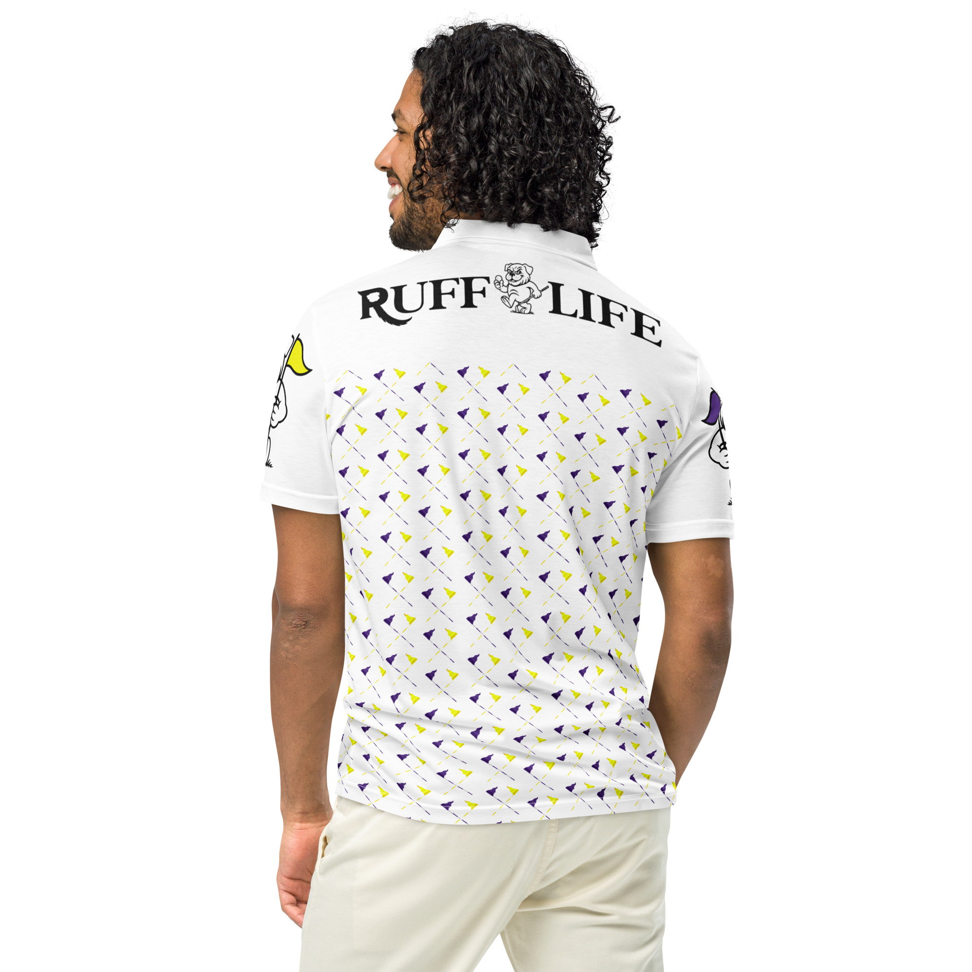 Ruff Life's "Pull the Pin" Golf Polo (Purple and Gold)