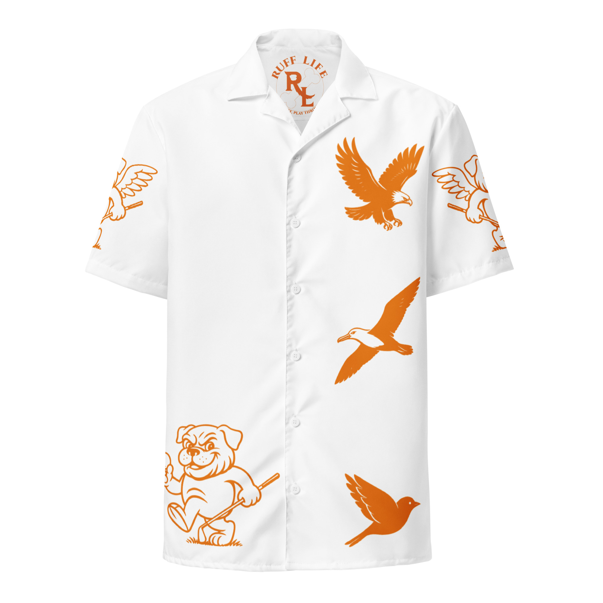 Ruff Life's "Chasing Birdies" Golf Shirt (Orange on White)