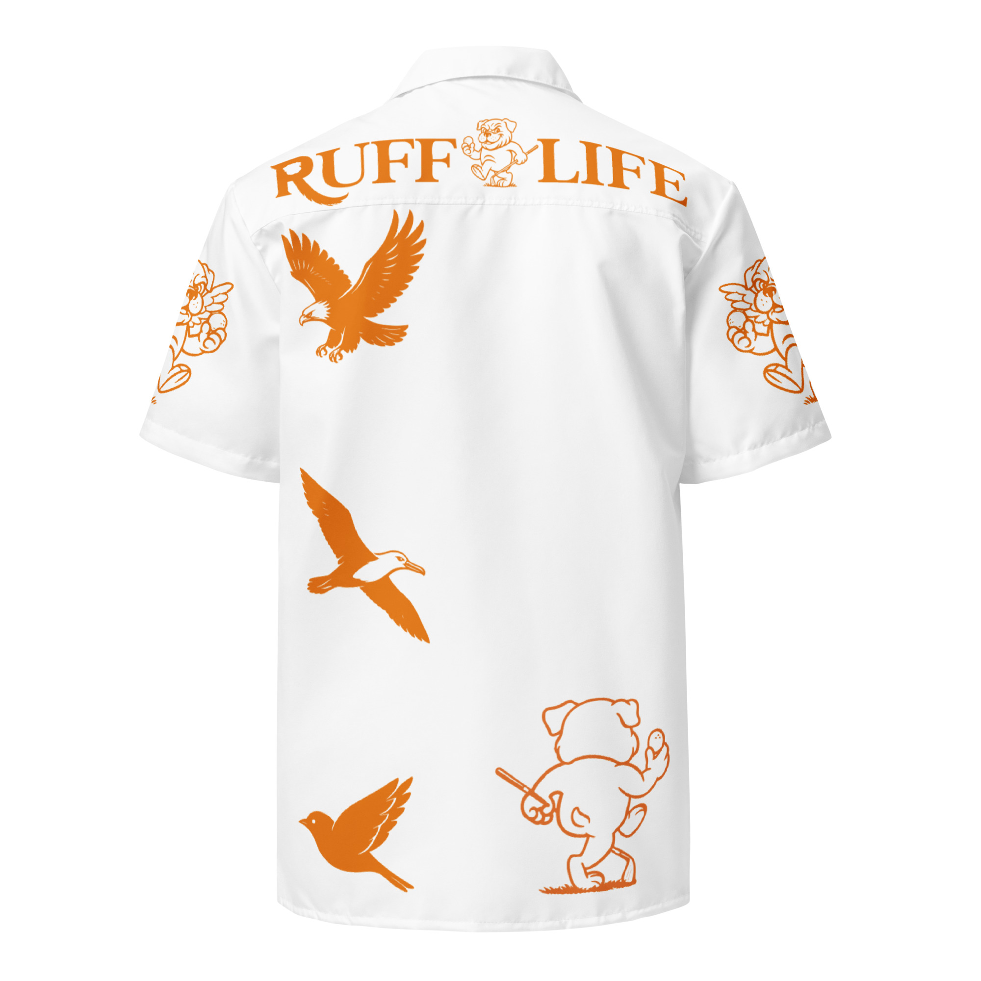 Ruff Life's "Chasing Birdies" Golf Shirt (Orange on White)