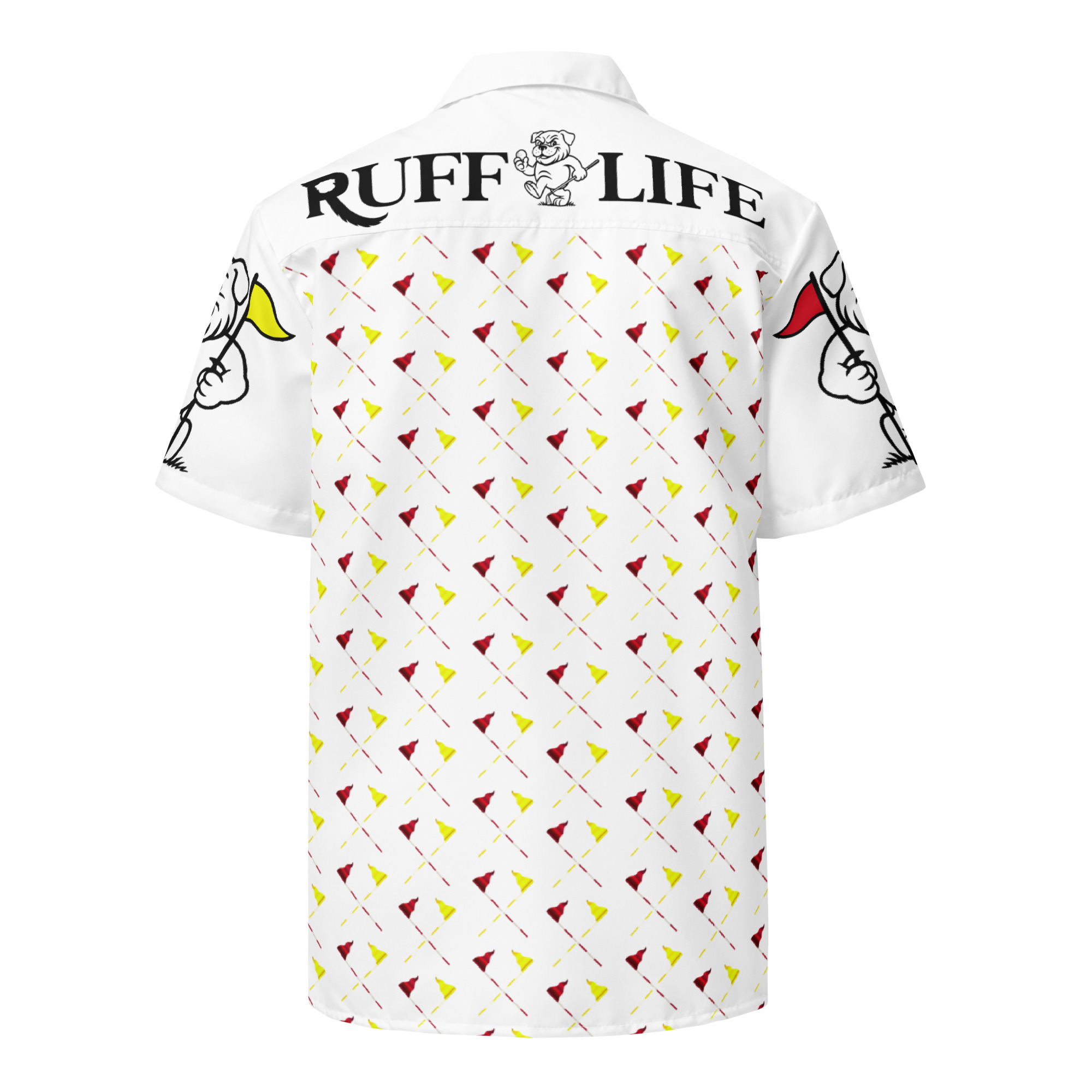 Ruff Life's "Pull the Pin" Golf Shirt (Red and Gold)
