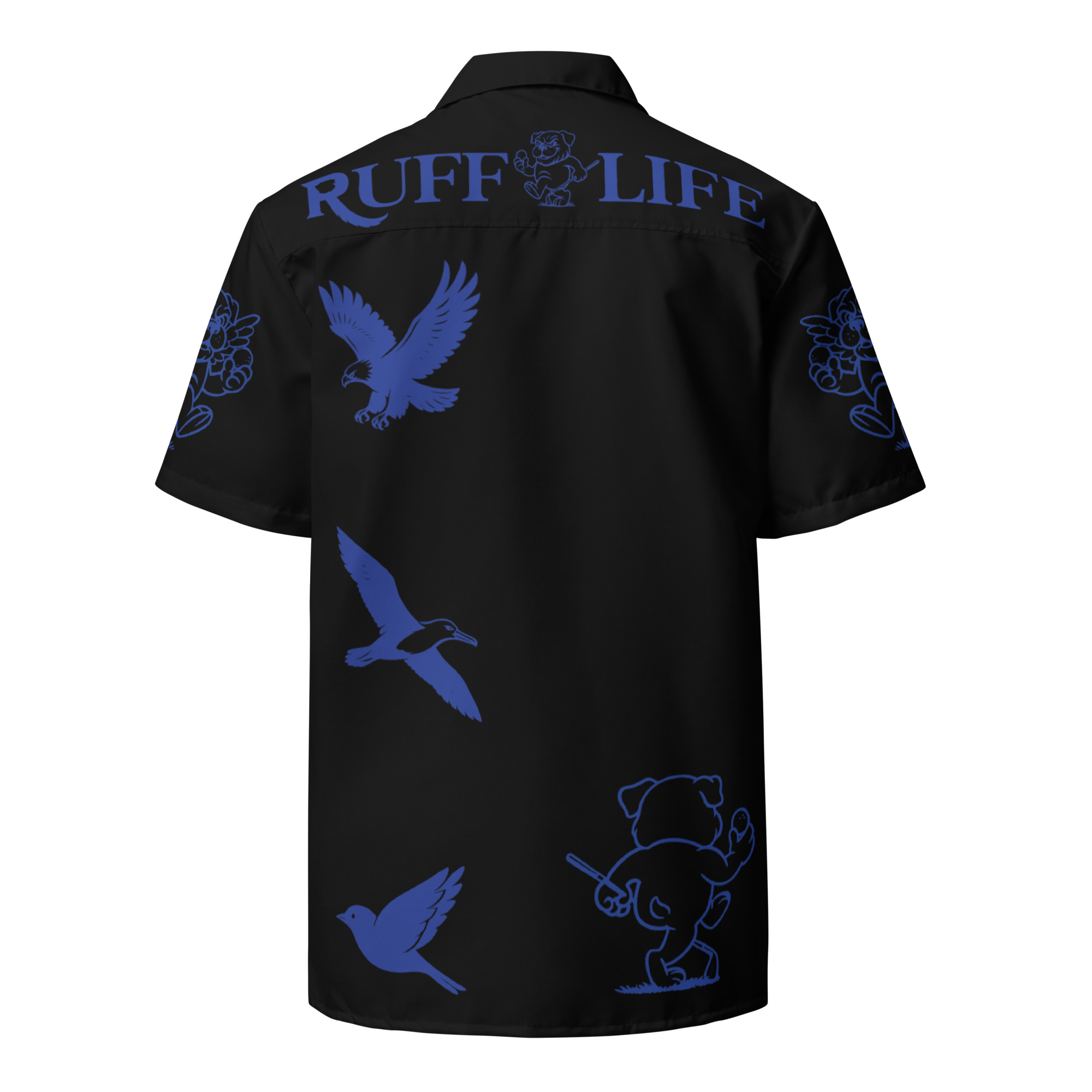 Ruff Life's "Chasing Birdies" Golf Shirt (Blue on Black)