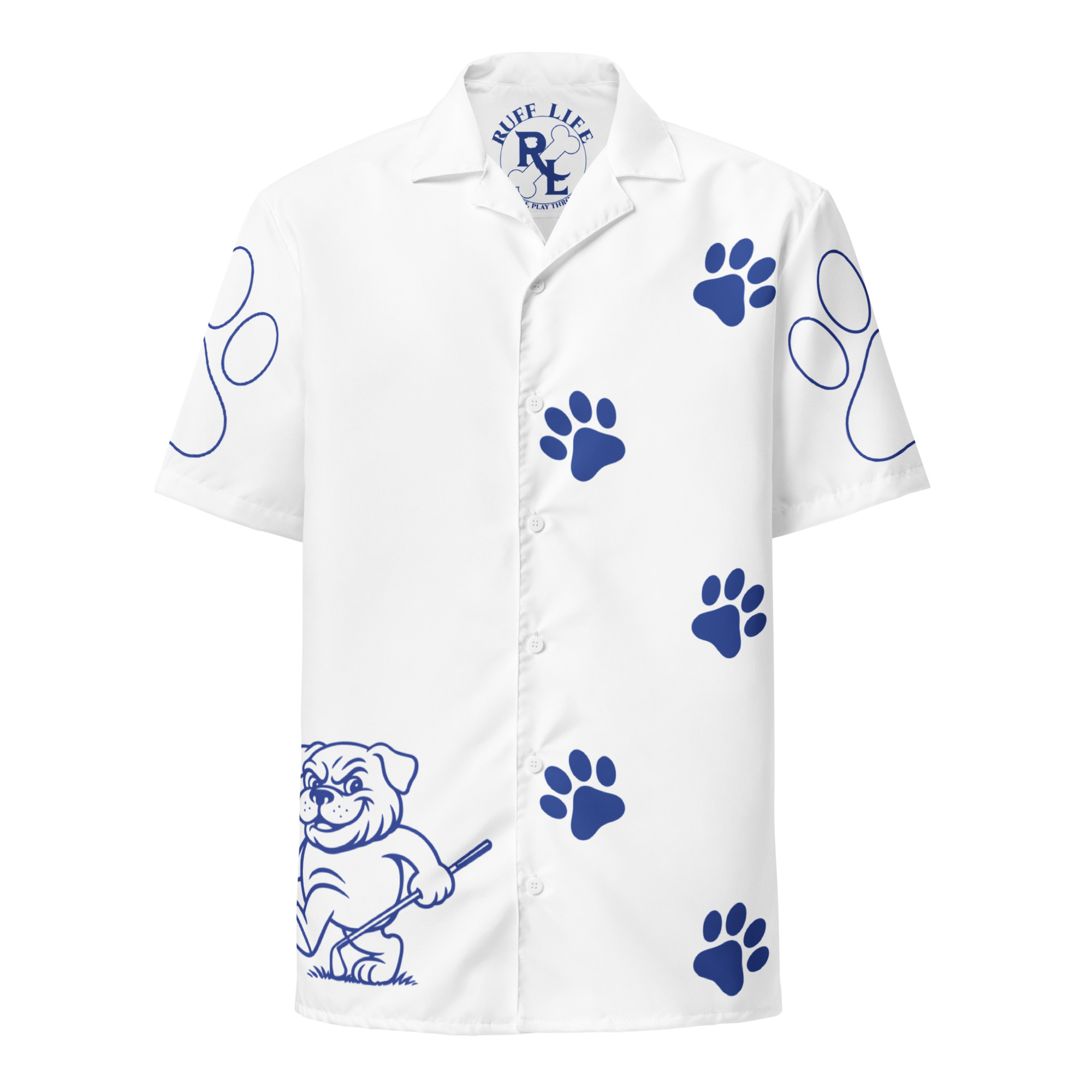 Ruff Life's "Footwork" Golf Shirt (Blue on White)