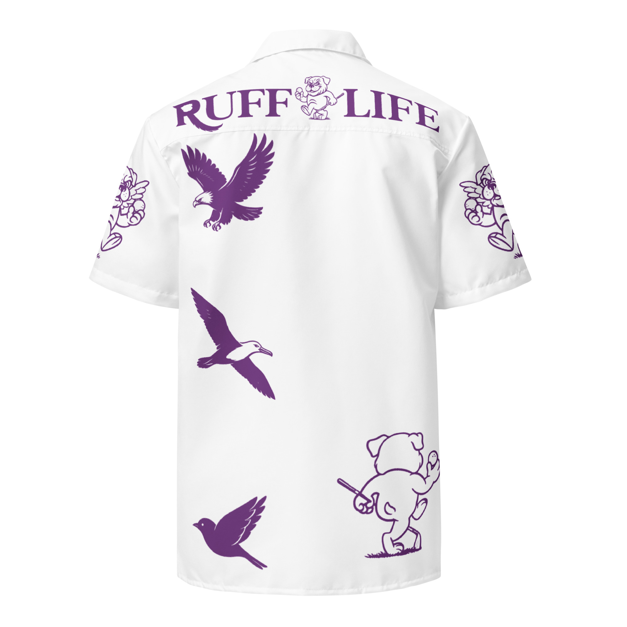 Ruff Life's "Chasing Birdies" Golf Shirt (Purple on White)