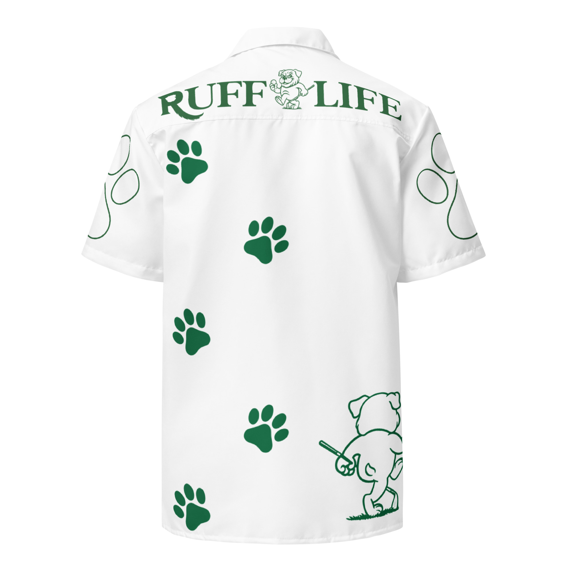 Ruff Life's "Footwork" Golf Shirt (Green on White)