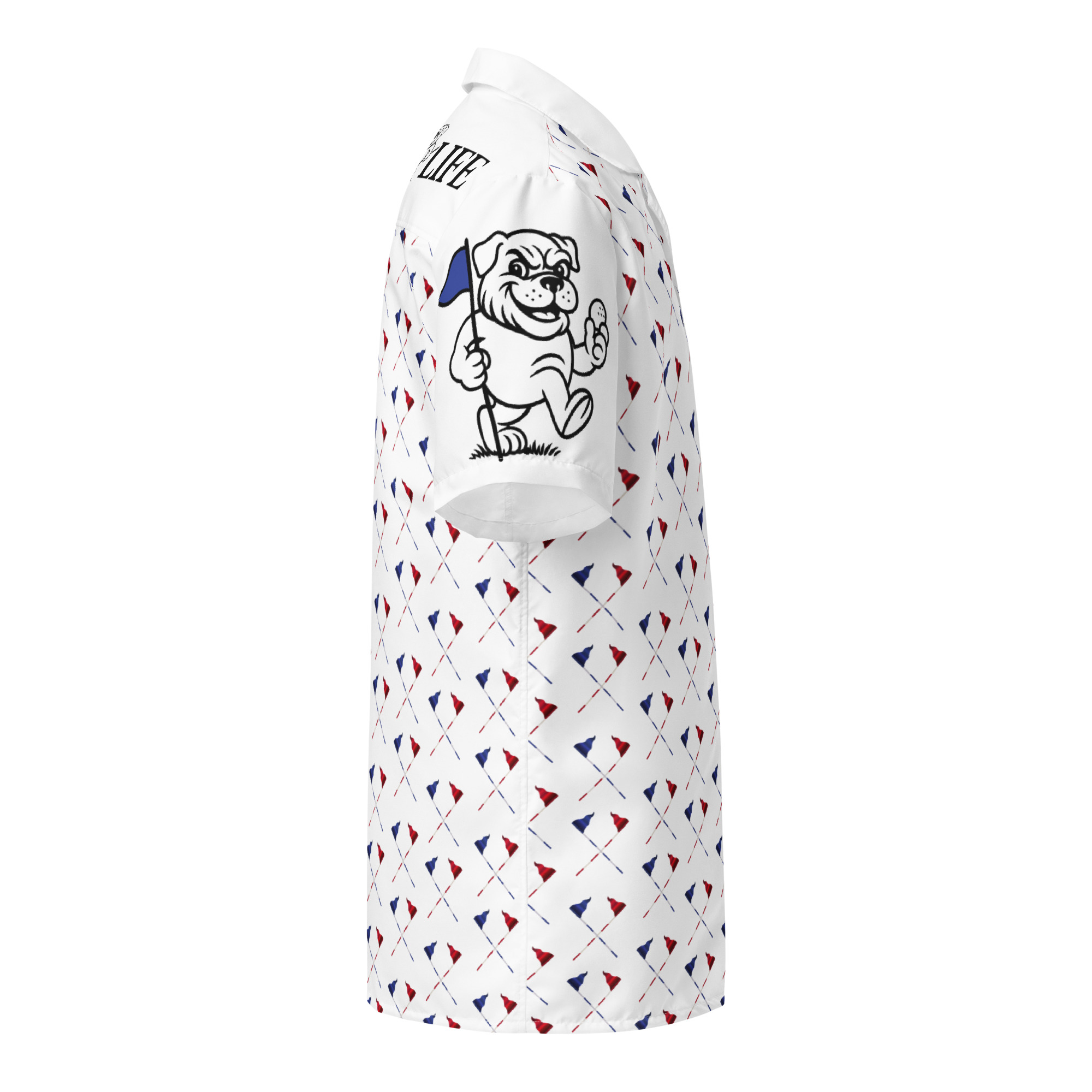 Ruff Life's "Pull the Pin" Golf Shirt (Blue and Red)