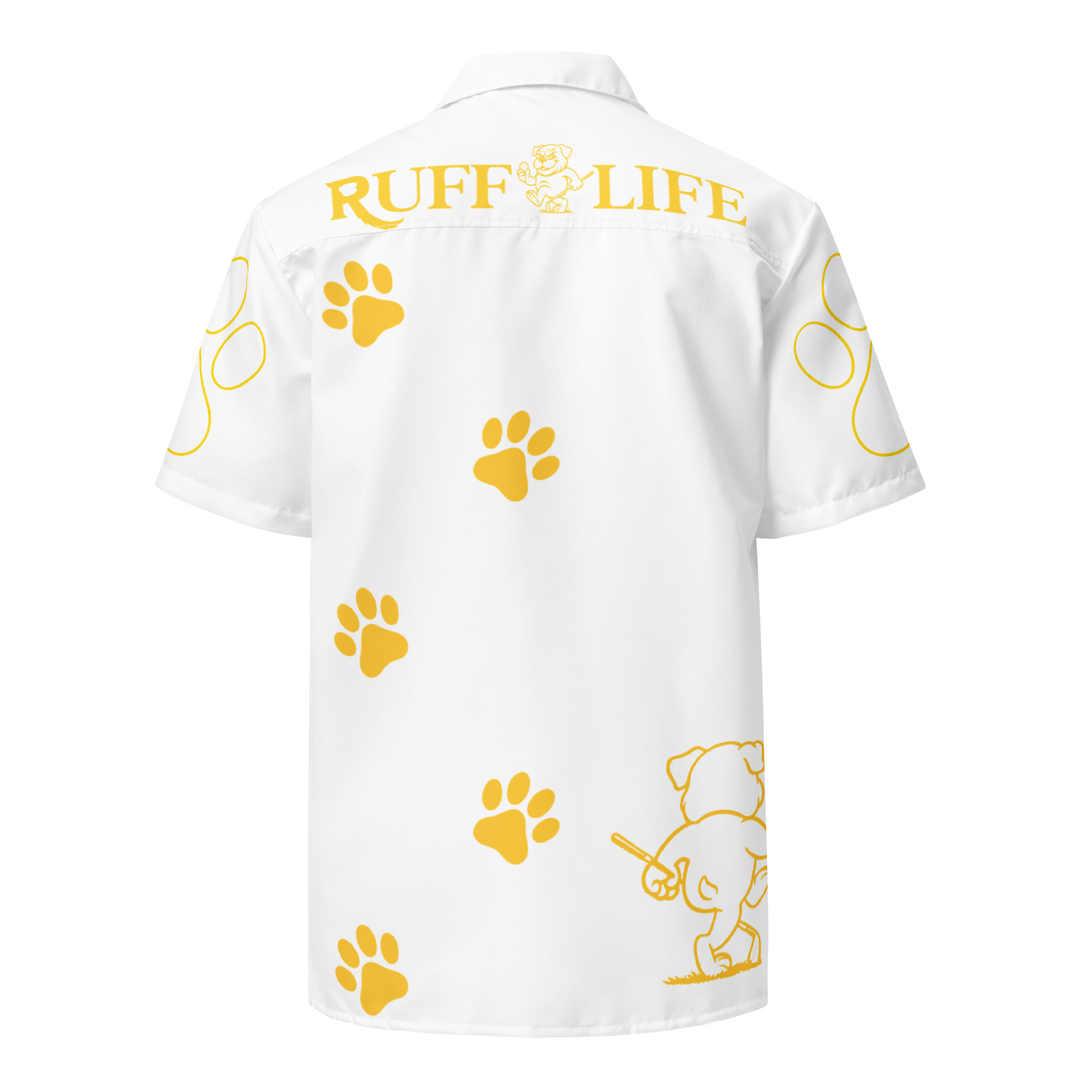 Ruff Life's "Footwork" Golf Shirt (Gold on White)