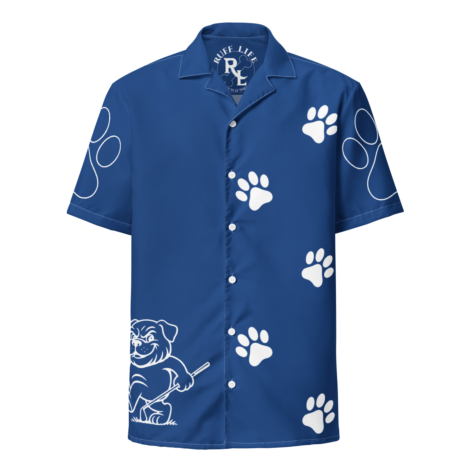 Ruff Life's "Footwork" Golf Shirt (White on Blue)