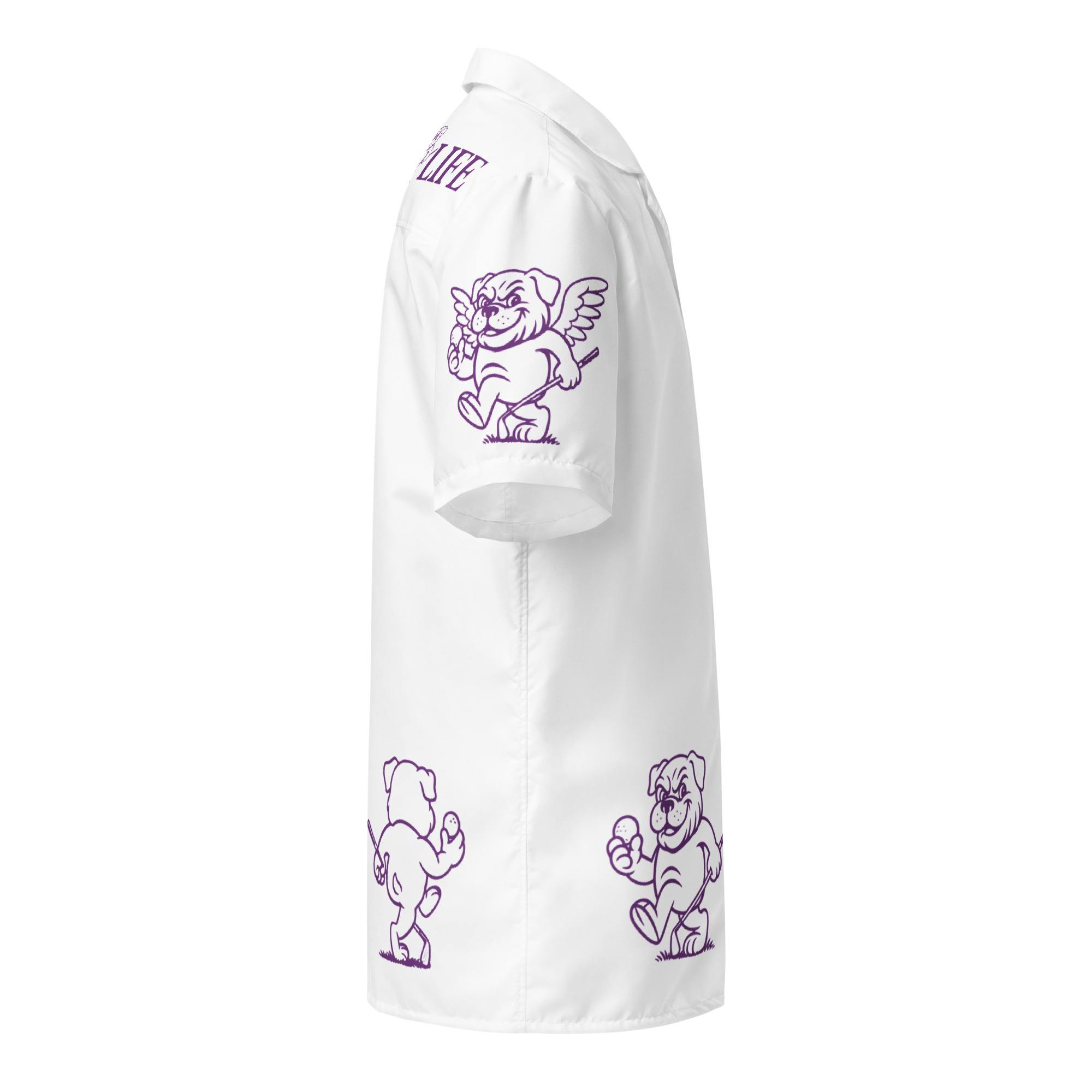 Ruff Life's "Chasing Birdies" Golf Shirt (Purple on White)