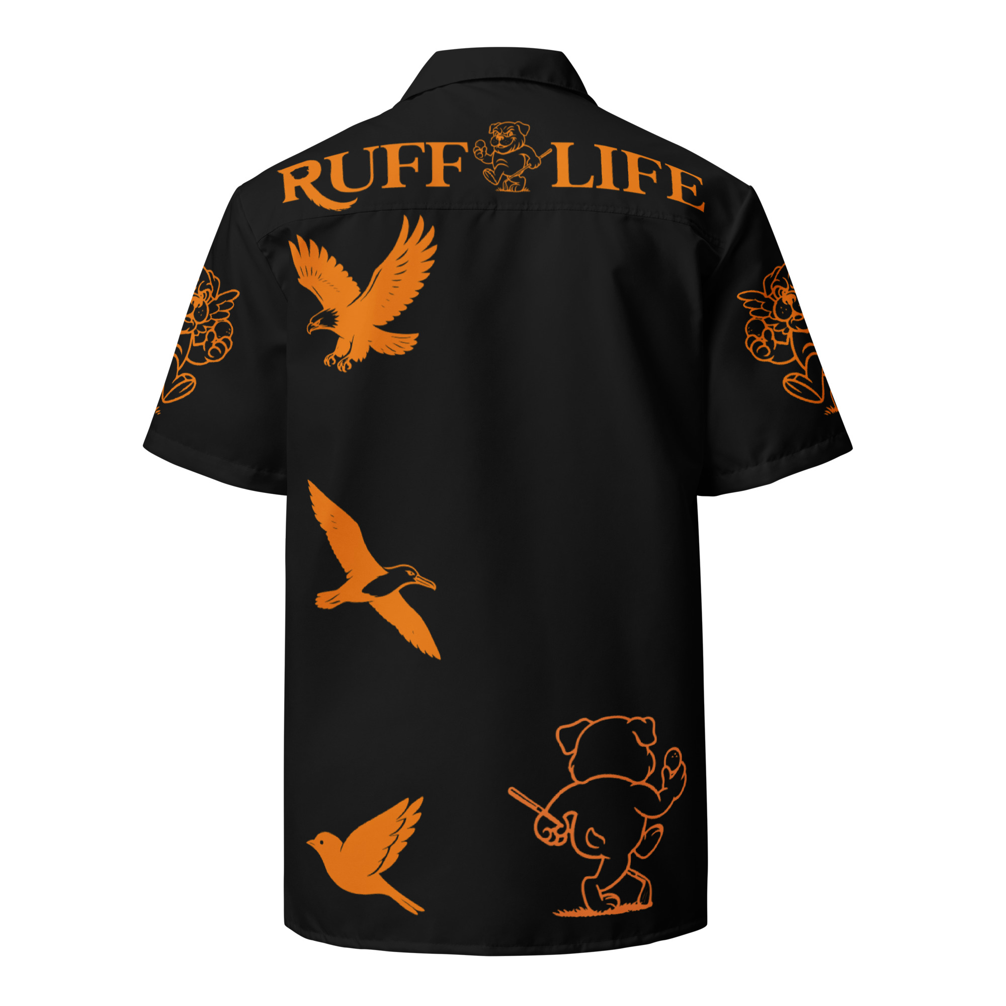 Ruff Life's "Chasing Birdies" Golf Shirt (Orange on Black)