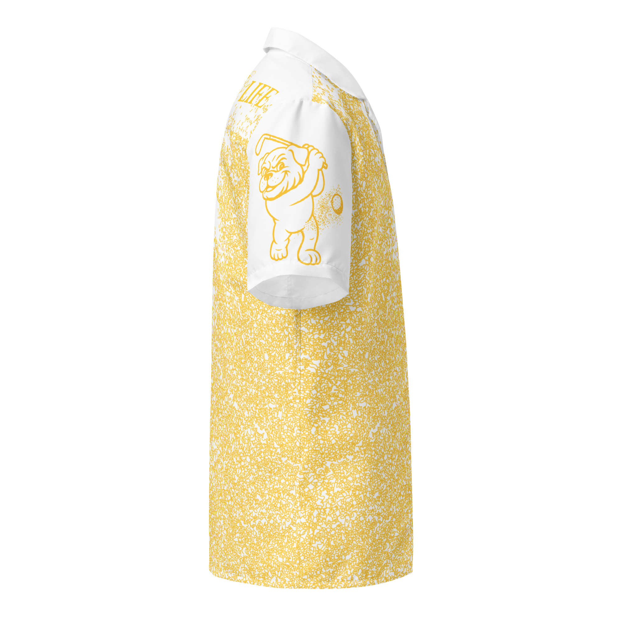 Ruff Life's "Blast Shot" Golf Shirt (Gold on White)
