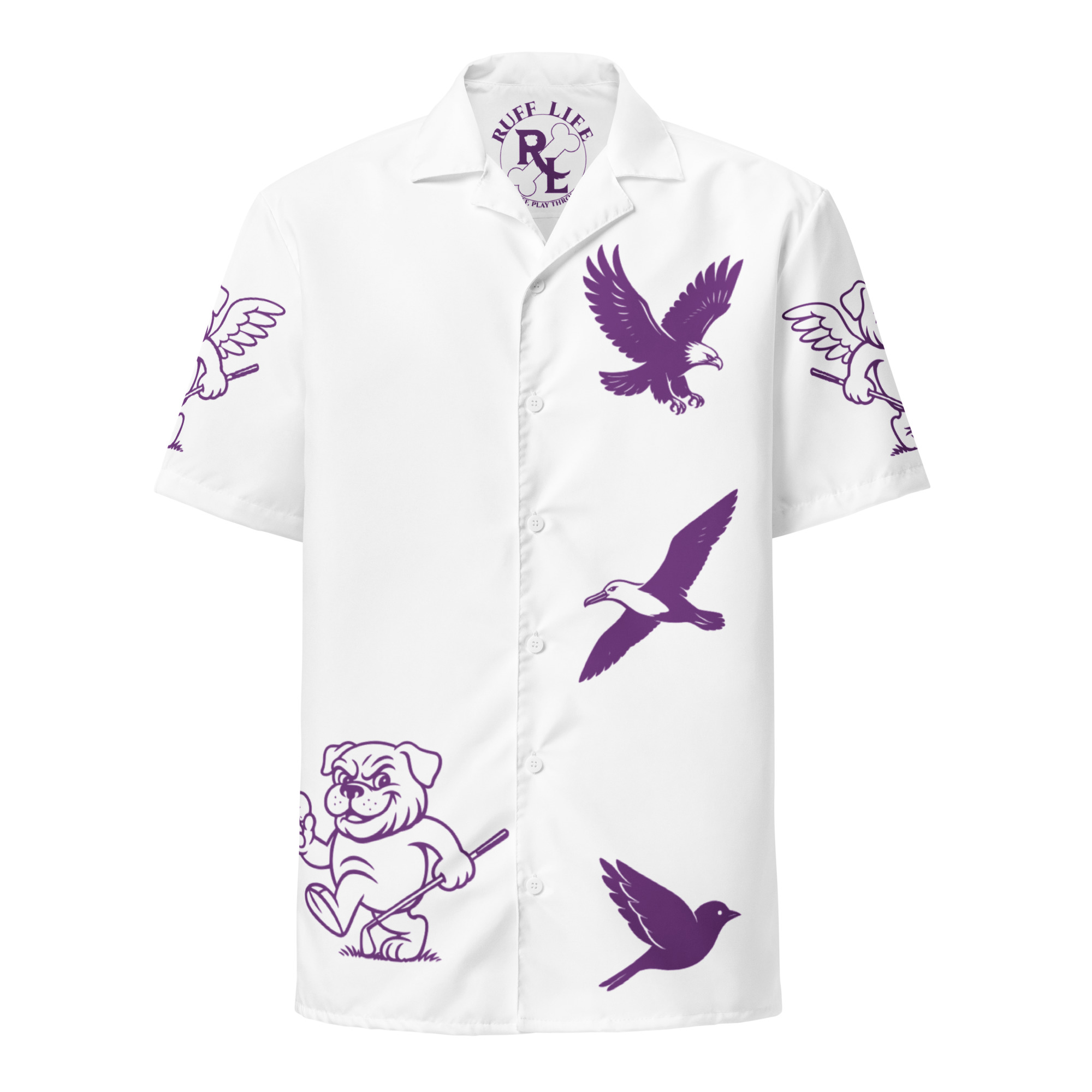 Ruff Life's "Chasing Birdies" Golf Shirt (Purple on White)