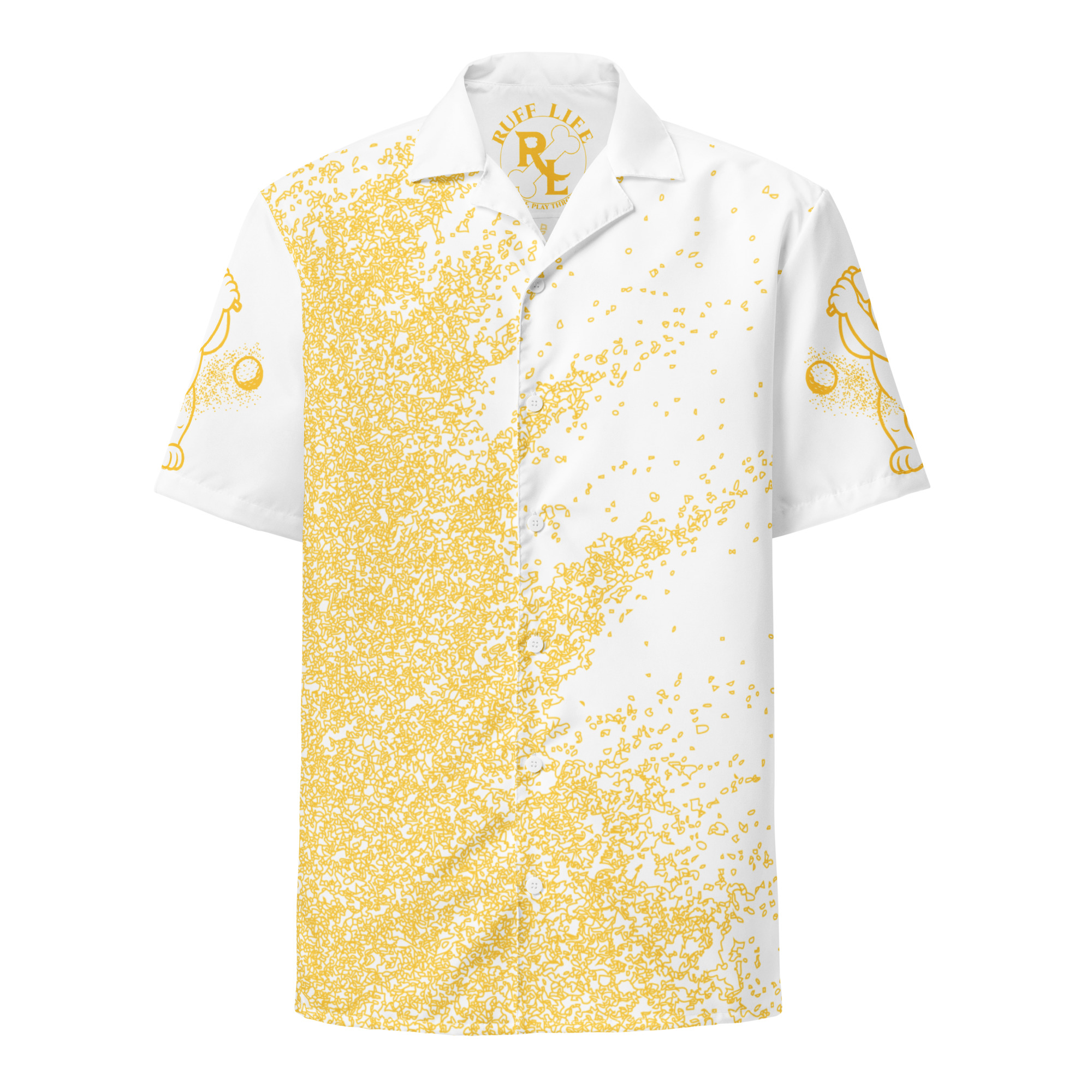 Ruff Life's "Blast Shot" Golf Shirt (Gold on White)