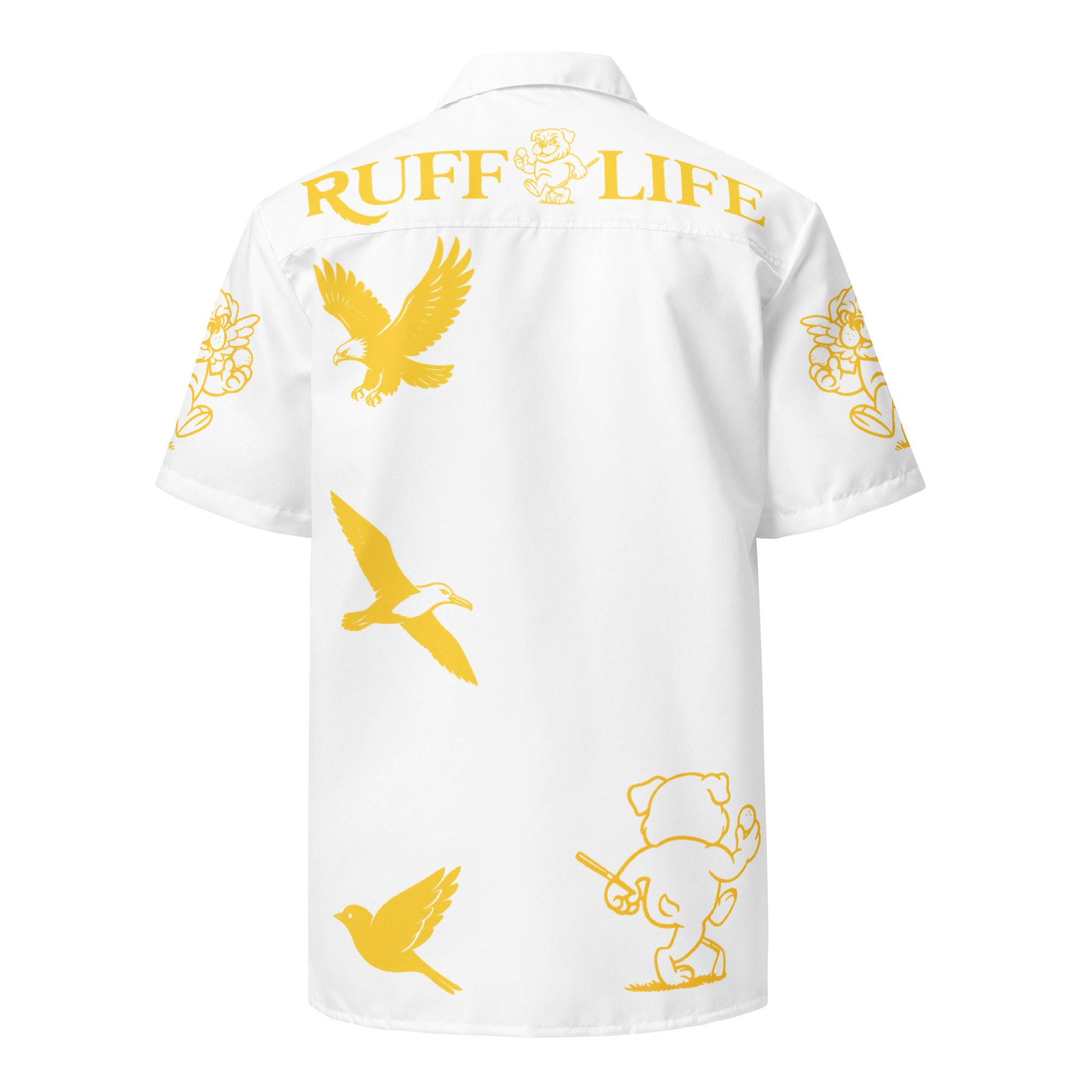 Ruff Life's "Chasing Birdies" Golf Shirt (Gold on White)