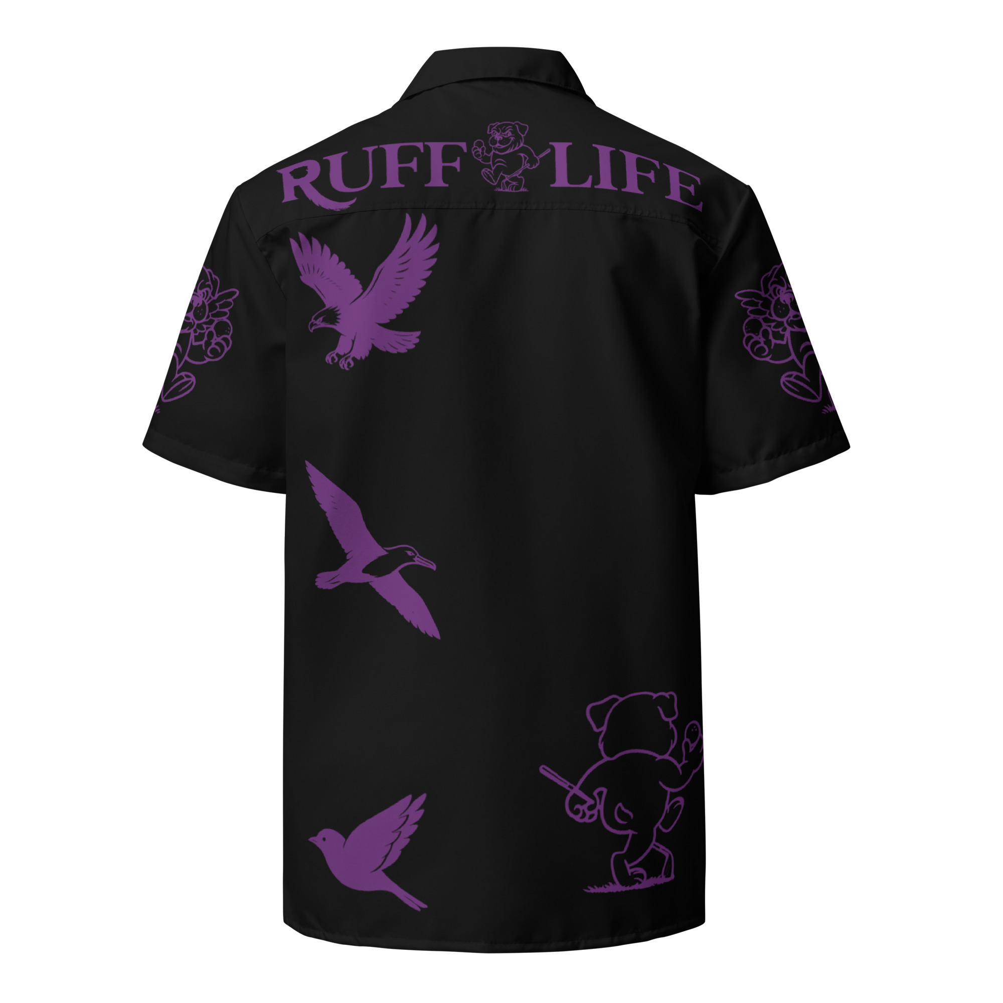 Ruff Life's "Chasing Birdies" Golf Shirt (Purple on Black)