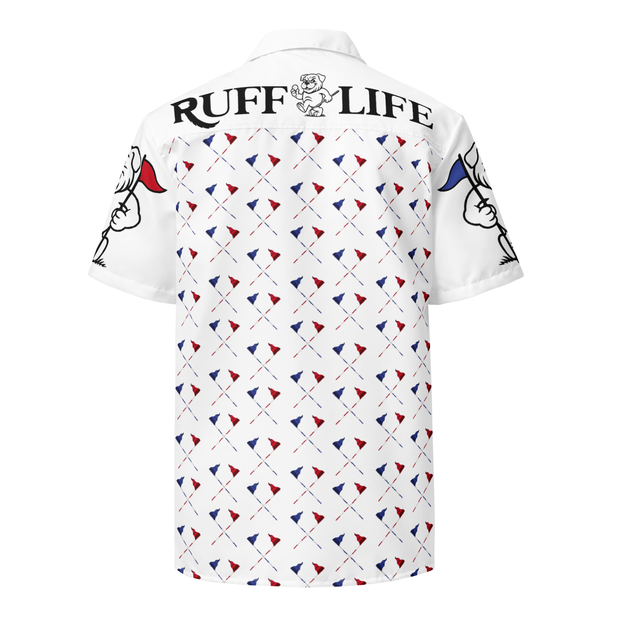 Ruff Life's "Pull the Pin" Golf Shirt (Blue and Red)