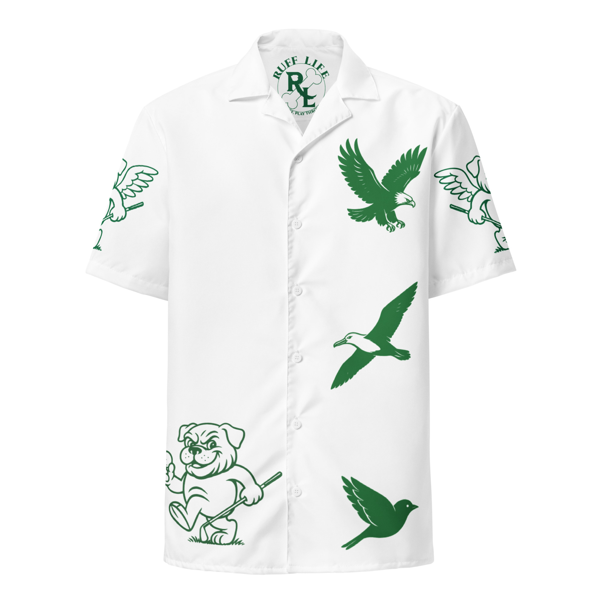 Ruff Life's "Chasing Birdies" Golf Shirt (Green on White)